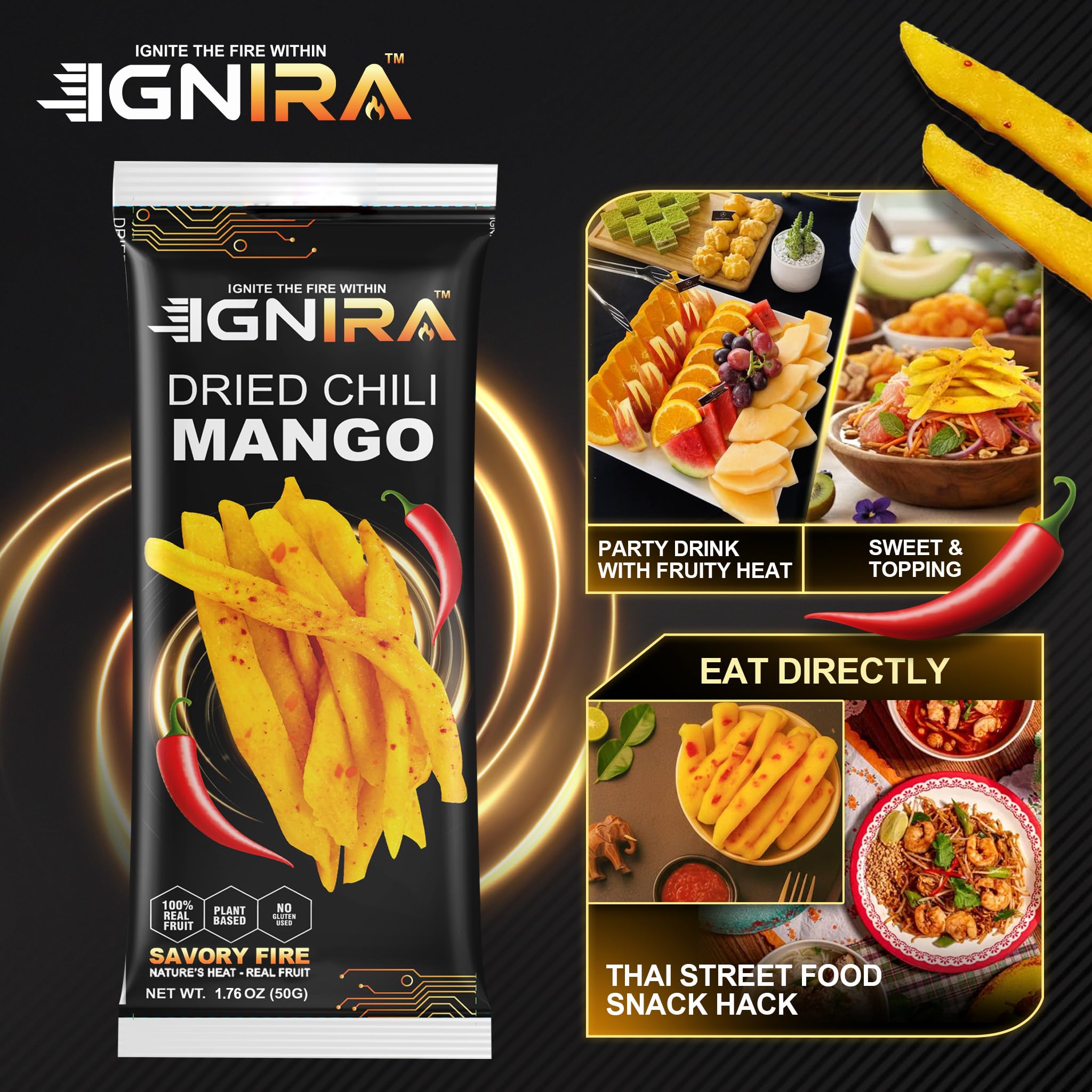 IGNIRA Dried Mango with chili, Sweet & Hot Fruit Snack Strips, Dry Chamoy Mangoes Slices, Chili Mangoes Snacks for Office, Gluten-Free, Plant-Based, Real Fruit, 3 Boxes (6 Packs x3, 1.76 oz Each)