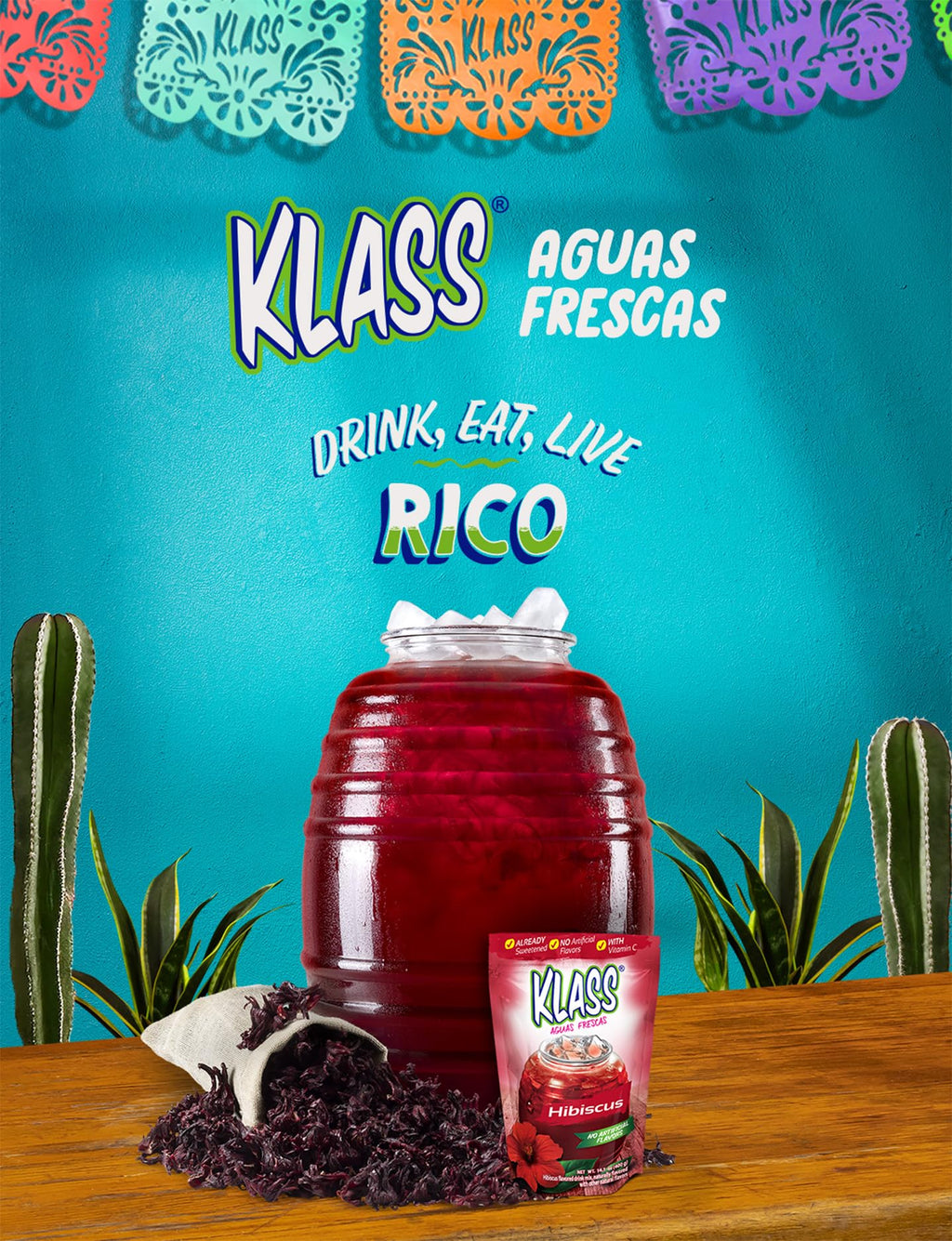 Klass Aguas Frescas Drink Mix Mexican Variety Pack - Horchata Limeade Hibiscus & Tamarind - Powder Drink Mix, Water Drink Mix with Natural Flavors & Vitamin C, Makes 28 to 36 Quarts (56 to 72 Drinks)