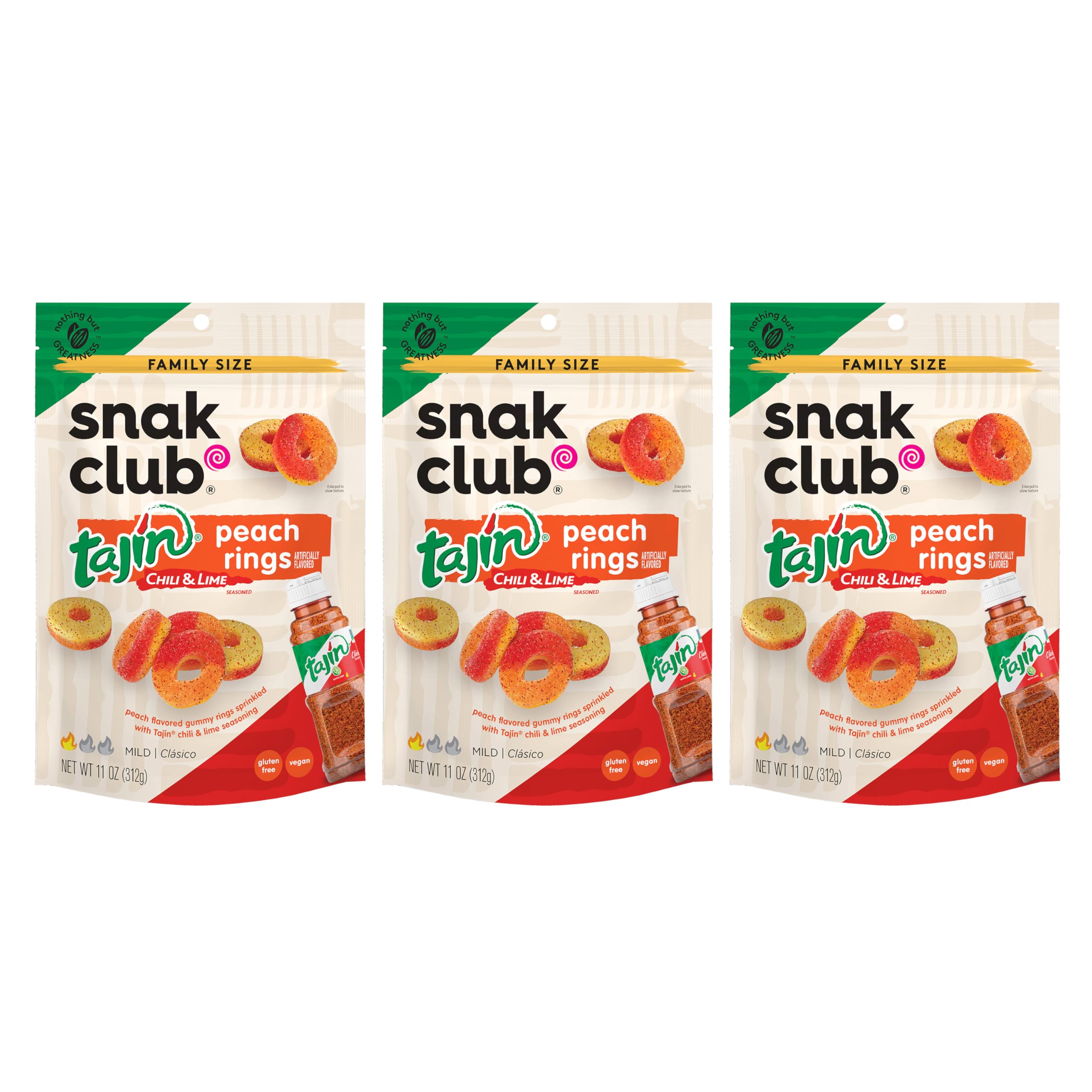 Snak Club Tajin Pineapple Rings Gummy Candy, Fruit Candy Gummies with Chili and Lime Seasoning, Mild, Gluten-Free and Vegan Snacks, 11 oz Resealable Bag