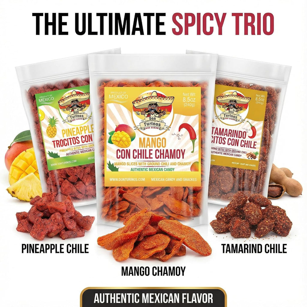 Mexican Fruit Candy 3-Pack, Dulces Mexicanos, Mango Chamoy, Pineapple Chile, and Tamarind Chile, Sweet and Spicy Candies Assortment by Don Turinos