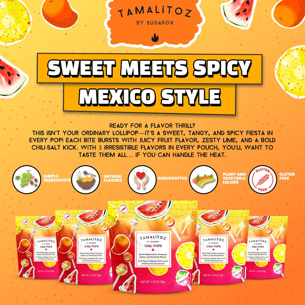 Tamalitoz Chili Pops Chamoy Spicy Mexican Lollipops with Chili, Lime, Sea Salt, Coconut, Tamarind & Cucumber Flavors Fruity Handcrafted Candy, Gluten-Free, Kosher, 2 Bags, (11oz)