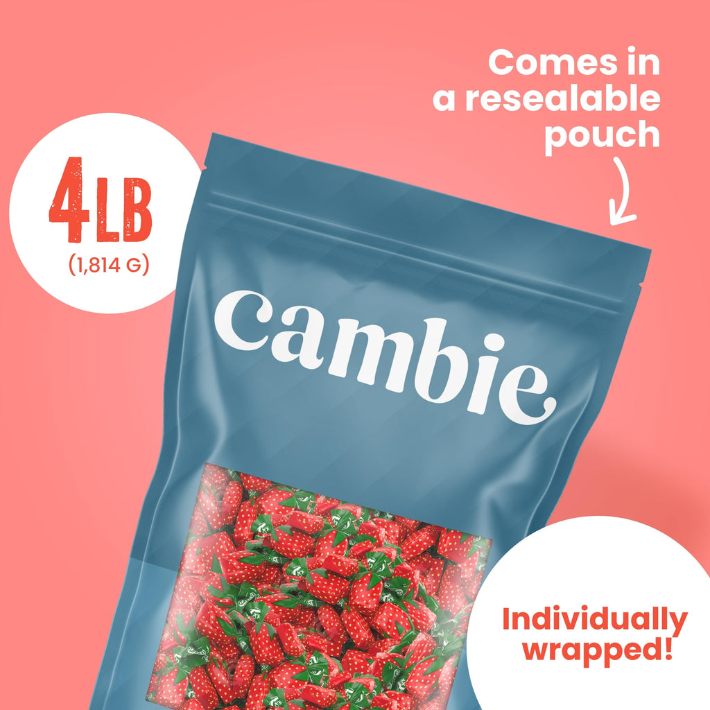 Strawberry Hard Candy Individually Wrapped by Cambie, 2 lbs of Strawberry Candy with a Deliciously Sweet Hard Exterior with a Soft, Fruit-Filled Center