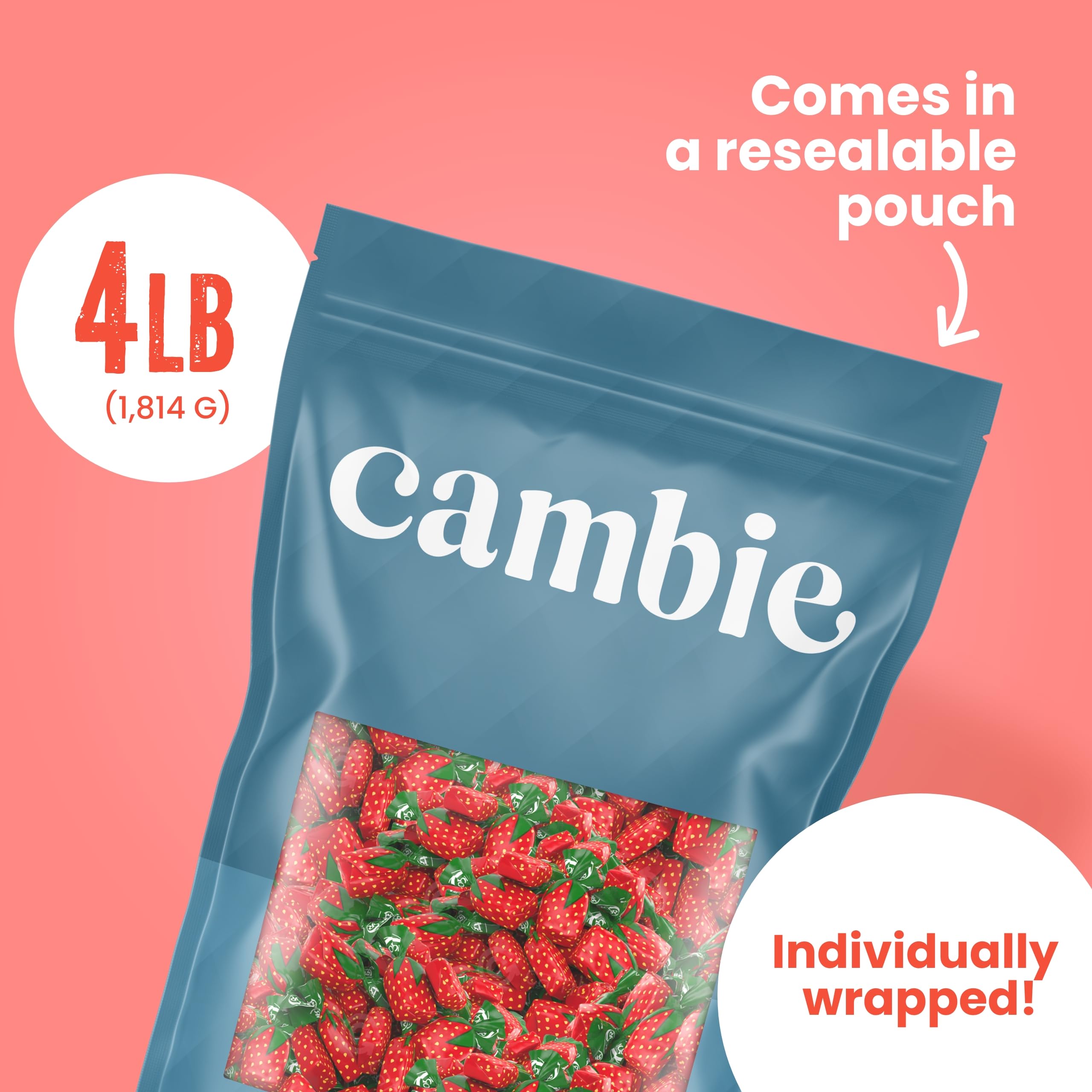 Strawberry Hard Candy Individually Wrapped by Cambie, 2 lbs of Strawberry Candy with a Deliciously Sweet Hard Exterior with a Soft, Fruit-Filled Center