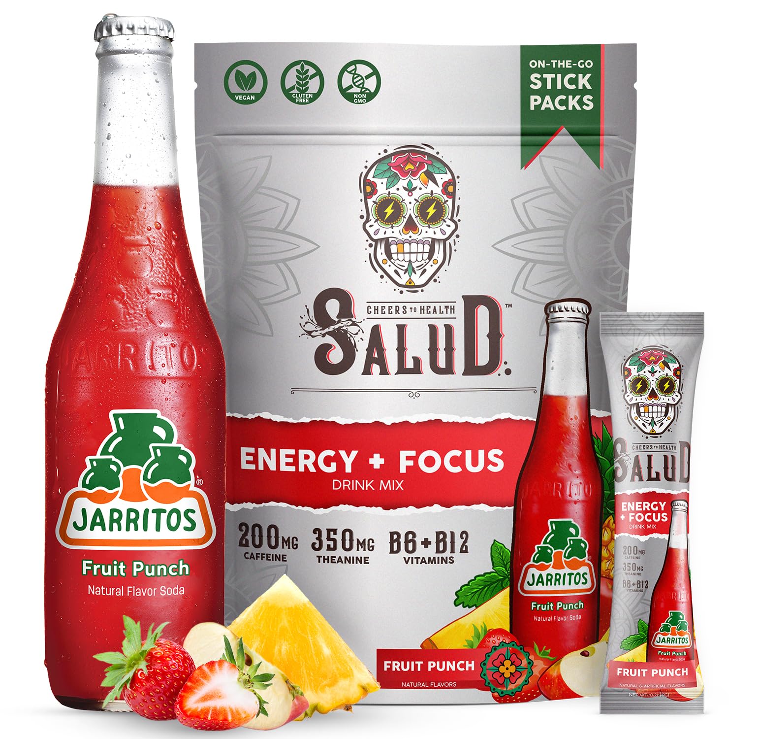 Salud x Jarritos 2-in-1 Energy Drink Powder + Focus, Lime, Organic Caffeine, B6 + B12, Theanine, Clean Energy Drink Packets, Limon Agua Fresca Mix, Non-GMO, Gluten Free, 1g of Sugar, (15 Servings)