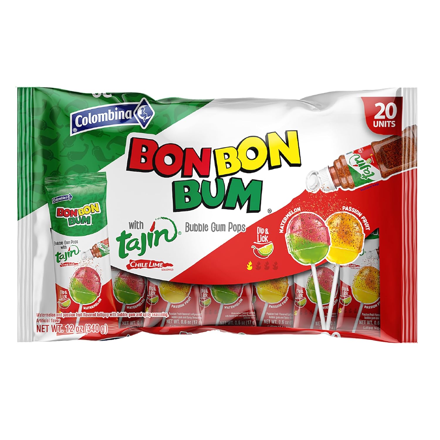 Colombina Bon Bon Bum Tropical Passion Fruit & Watermelon with Tajin Seasoning Chile Lime Dip, 20 Count (Pack of 1)