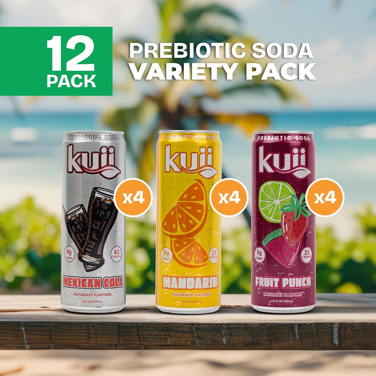 Kuii Prebiotic Soda Variety Pack – 12 Count with Mexican Cola, Mandarin & Fruit Punch Flavors – Sparkling Gut-Friendly Drinks for Refreshing, Guilt-Free Hydration, 12 fl oz Cans