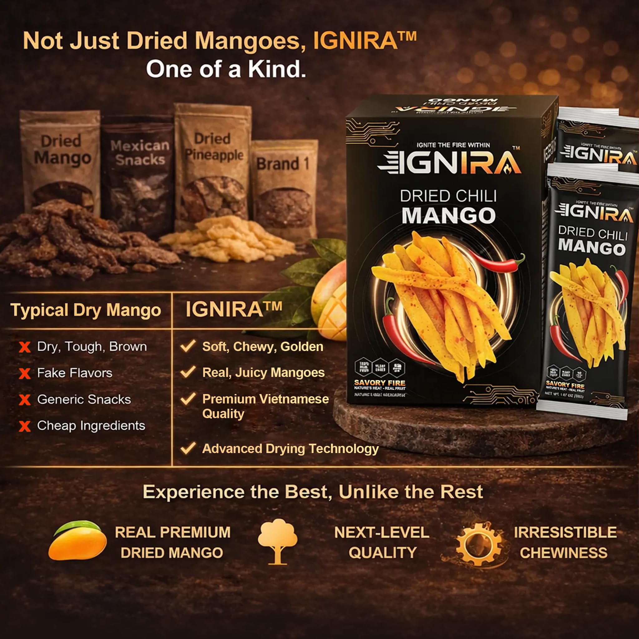 IGNIRA Dried Mango with chili, Sweet & Hot Fruit Snack Strips, Dry Chamoy Mangoes Slices, Chili Mangoes Snacks for Office, Gluten-Free, Plant-Based, Real Fruit, 3 Boxes (6 Packs x3, 1.76 oz Each)
