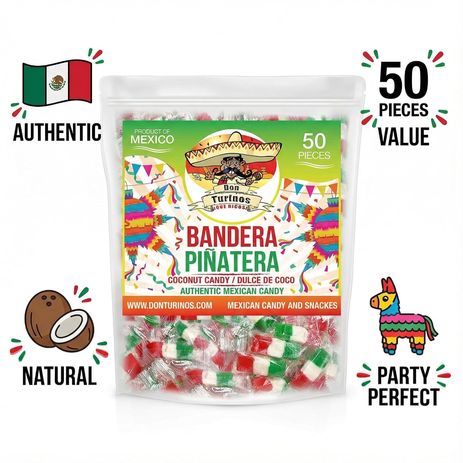 Mexican Coconut Candy 1 Pound Fiesta Pack - Authentic Dulce De Coco Banderitas Pinatera for a Sweet and Colorful Experience by Don Turinos