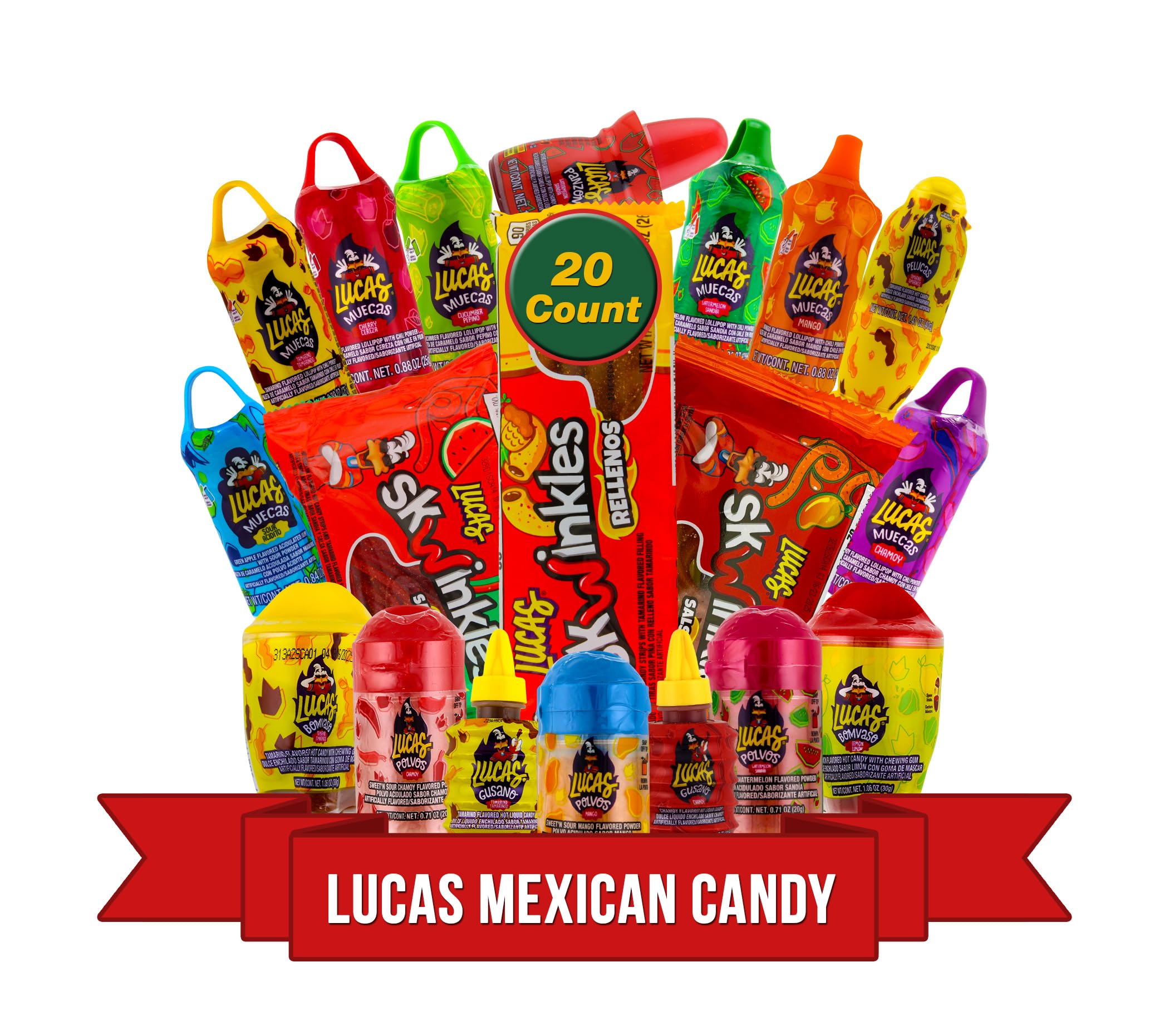 Lucas Mexican Candy Mix (14 Count) Variety of Sour, Sweet, Spicy, Include Lucas Skwinkles, Pelucas, Lucas Muecas, Baby Lucas, Gusano, Salsagheti by LookOn