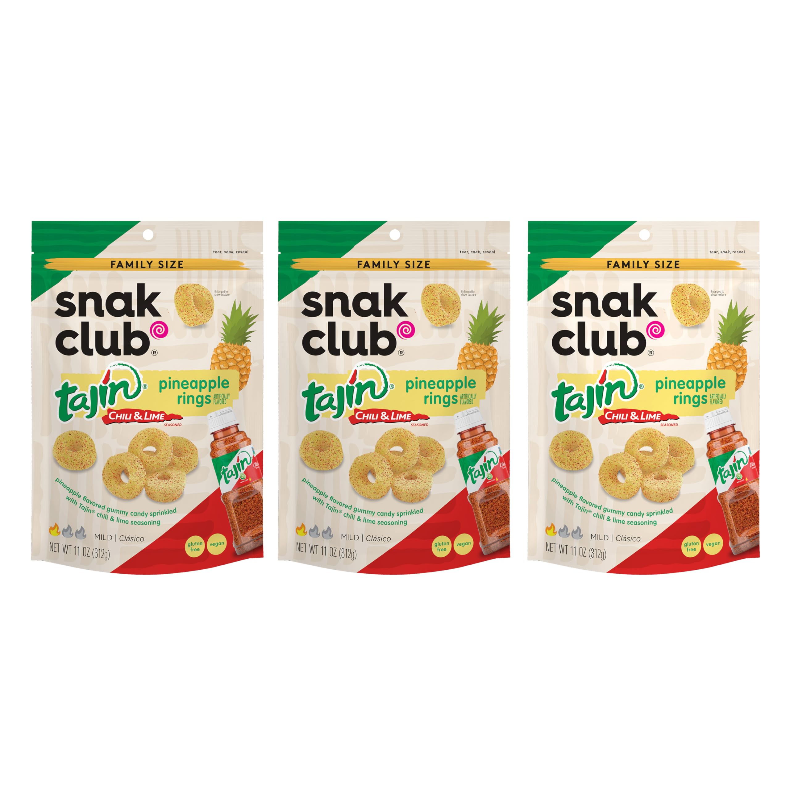 Snak Club Tajin Pineapple Rings Gummy Candy, Fruit Candy Gummies with Chili and Lime Seasoning, Mild, Gluten-Free and Vegan Snacks, 11 oz Resealable Bag