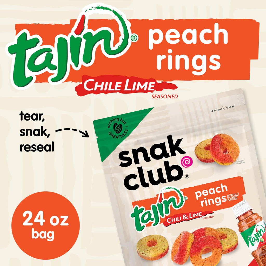 Snak Club Tajin Mango Rings Gummy Candy, Fruit Candy Gummies with Chili and Lime Seasoning, Mild, Gluten-Free and Vegan Snacks, 11 oz Resealable Bag