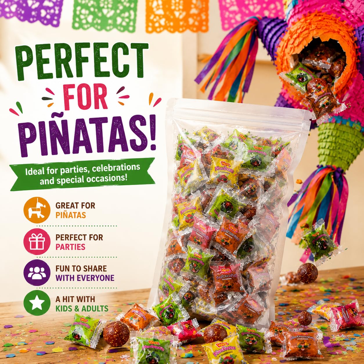 Vero Pica Mix Mexican Candy Variety Pack 100 Count, Hard Candy Strawberry Tamarind Watermelon, Dulces Mexicanos Candy Assortment by New to Town