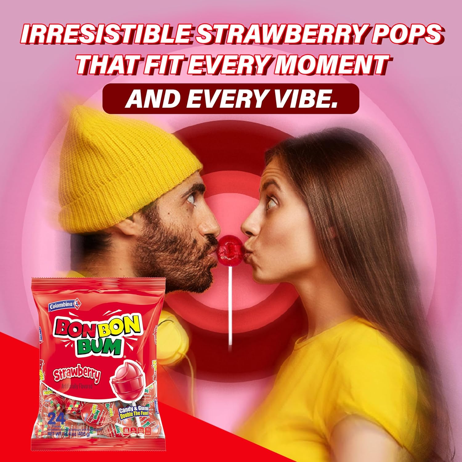 Colombina Bon Bon Bum Passion Fruit Lollipops, Tropical Fruit Hard Candy, Individually Wrapped Candy Pops for Parties, Candy Bowl Refill, Office or Classroom Rewards, 24 Count