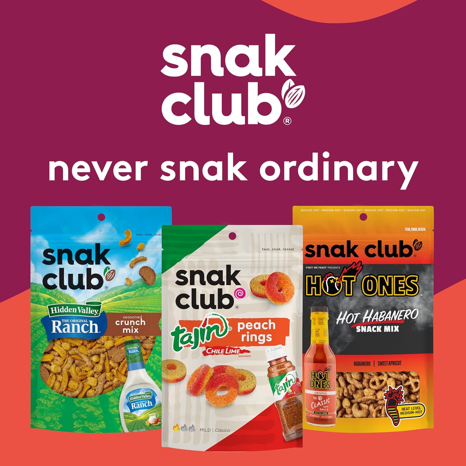 Snak Club Tajin Gummy Candy Fruit Rings, Gummies with Chili and Lime Seasoning, Mild Spice, Gluten-Free and Vegan Snacks, Assorted Bulk Candy Variety, Mango, Pineapple, Peach, Watermelon, 40 oz Bag