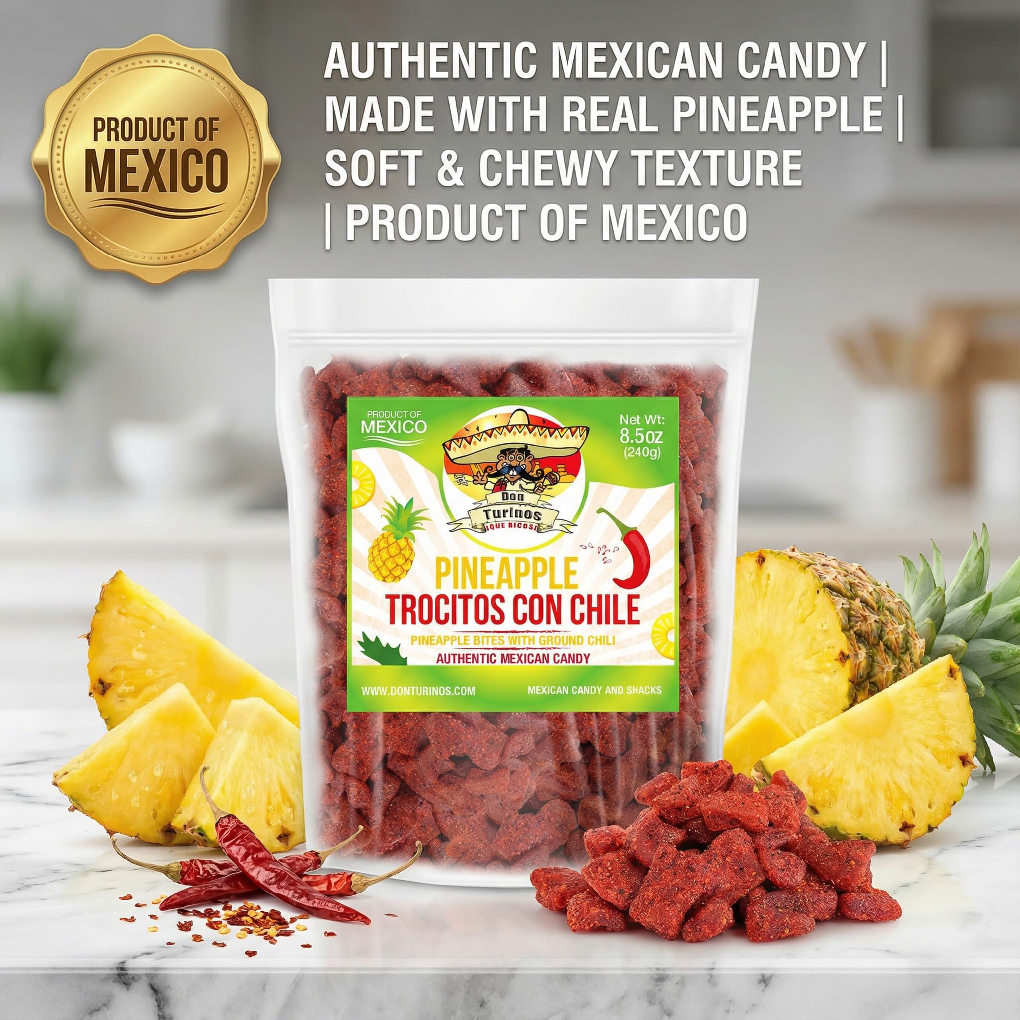 Dried Chili Pineapple Mexican Candy , 8.5 oz, Natural Soft Dry Chunks, Traditional Dulce Mexicano, Sweet and Spicy Flavor, by Don Turinos