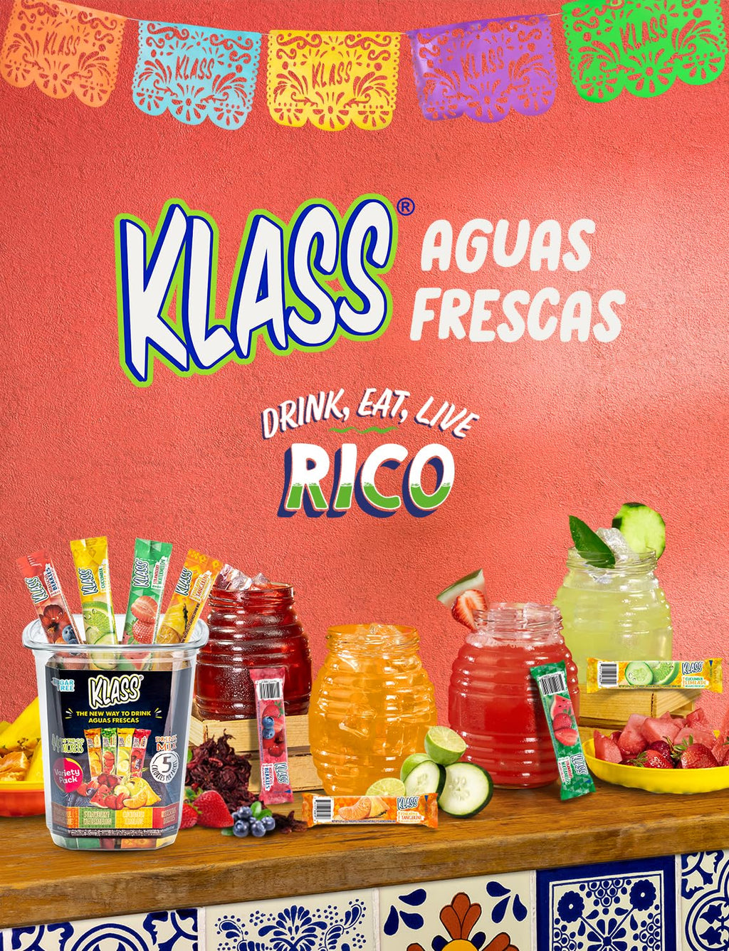 Klass Aguas Frescas, Powdered Drink Mix Variety Pack, 44 Singles Zero Sugar & Caffeine-Free Powder Packets, Water Drink Mix, Flavors: Cucumber Limeade Pineapple Tangerine Strawberry Watermelon & Hibiscus Berries - 5 Calories Per Packet & Natural Flavors