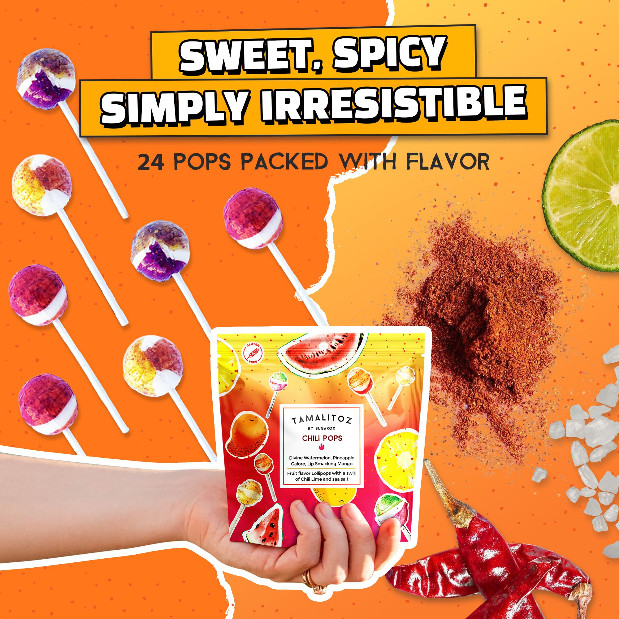 Tamalitoz Chili Pops Chamoy Spicy Mexican Lollipops with Chili, Lime, Sea Salt, Coconut, Tamarind & Cucumber Flavors Fruity Handcrafted Candy, Gluten-Free, Kosher, 2 Bags, (11oz)