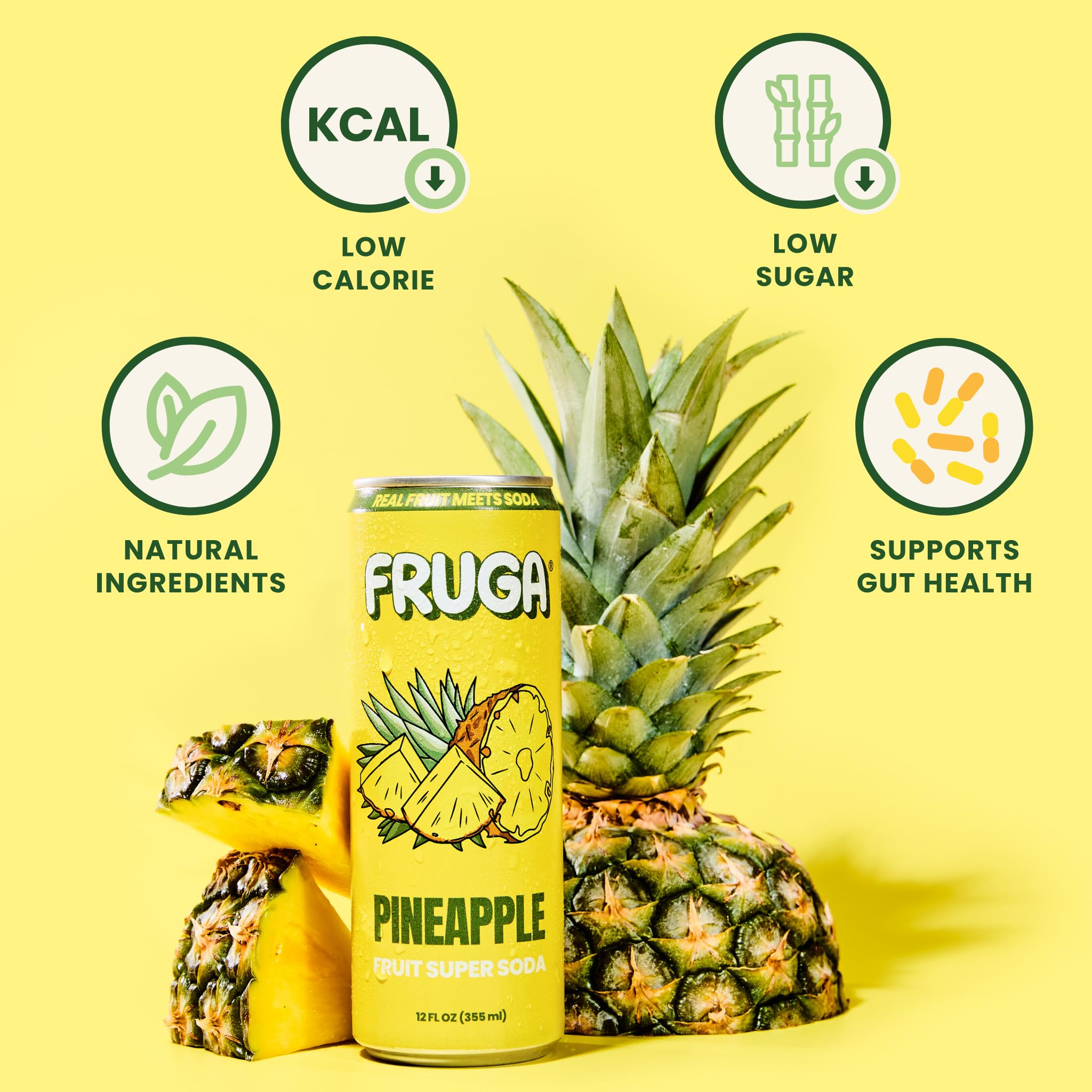 FRUGA Four Real Mix Fruit Soda Pack, Prebiotic Soda Pop Drinks, 12 Pack
