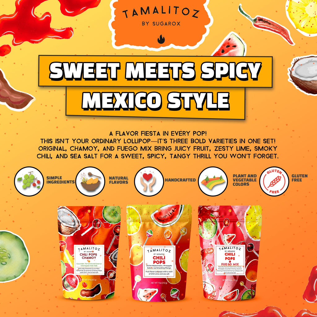 Tamalitoz Chili Pops Chamoy Spicy Mexican Lollipops with Chili, Lime, Sea Salt, Coconut, Tamarind & Cucumber Flavors Fruity Handcrafted Candy, Gluten-Free, Kosher, 2 Bags, (11oz)