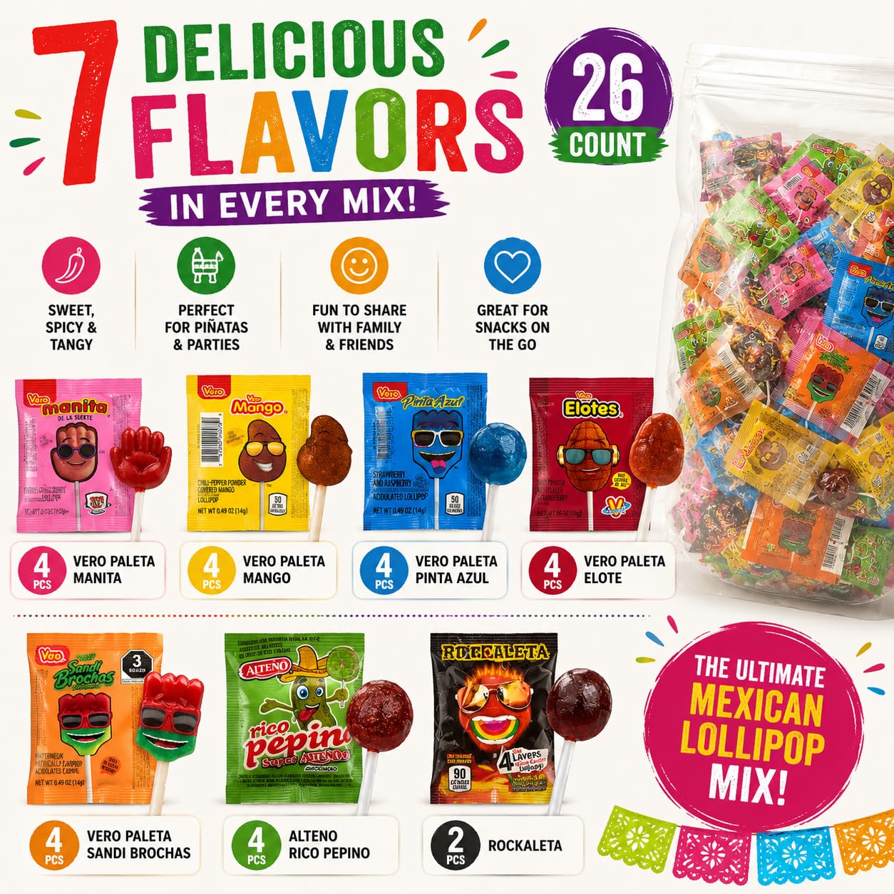 Mexican Candy Lollipop Mix – 26 Count – 7 Different Flavors – Sweet, Spicy, and Tangy Assorted Lollipops – Perfect for Piñatas, Parties, and Snacks