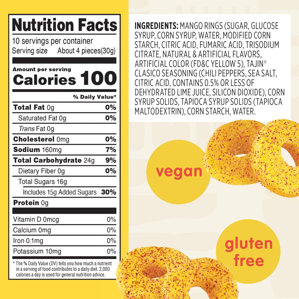Snak Club Tajin Mango Rings Gummy Candy, Fruit Candy Gummies with Chili and Lime Seasoning, Mild, Gluten-Free and Vegan Snacks, 24 oz Resealable Bag