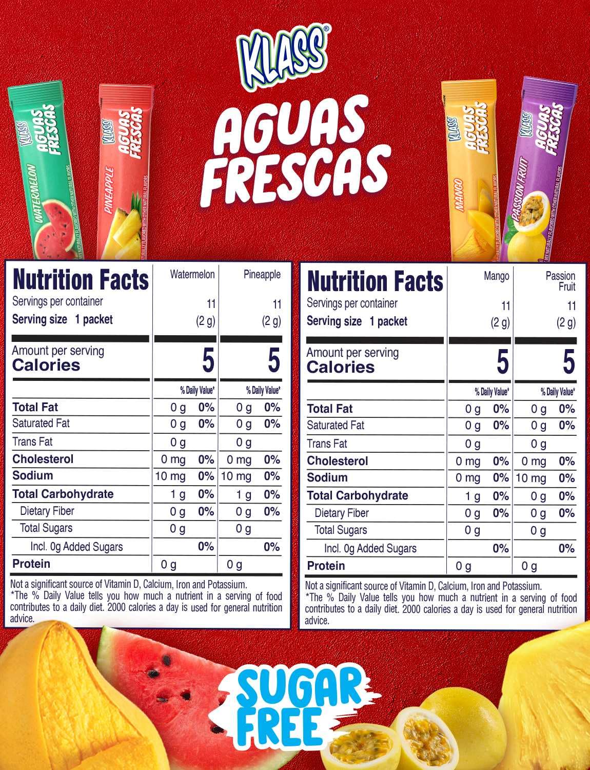 Klass Aguas Frescas, Powdered Drink Mix Variety Pack, 44 Singles Zero Sugar & Caffeine-Free Powder Packets, Water Drink Mix, Flavors: Cucumber Limeade Pineapple Tangerine Strawberry Watermelon & Hibiscus Berries - 5 Calories Per Packet & Natural Flavors
