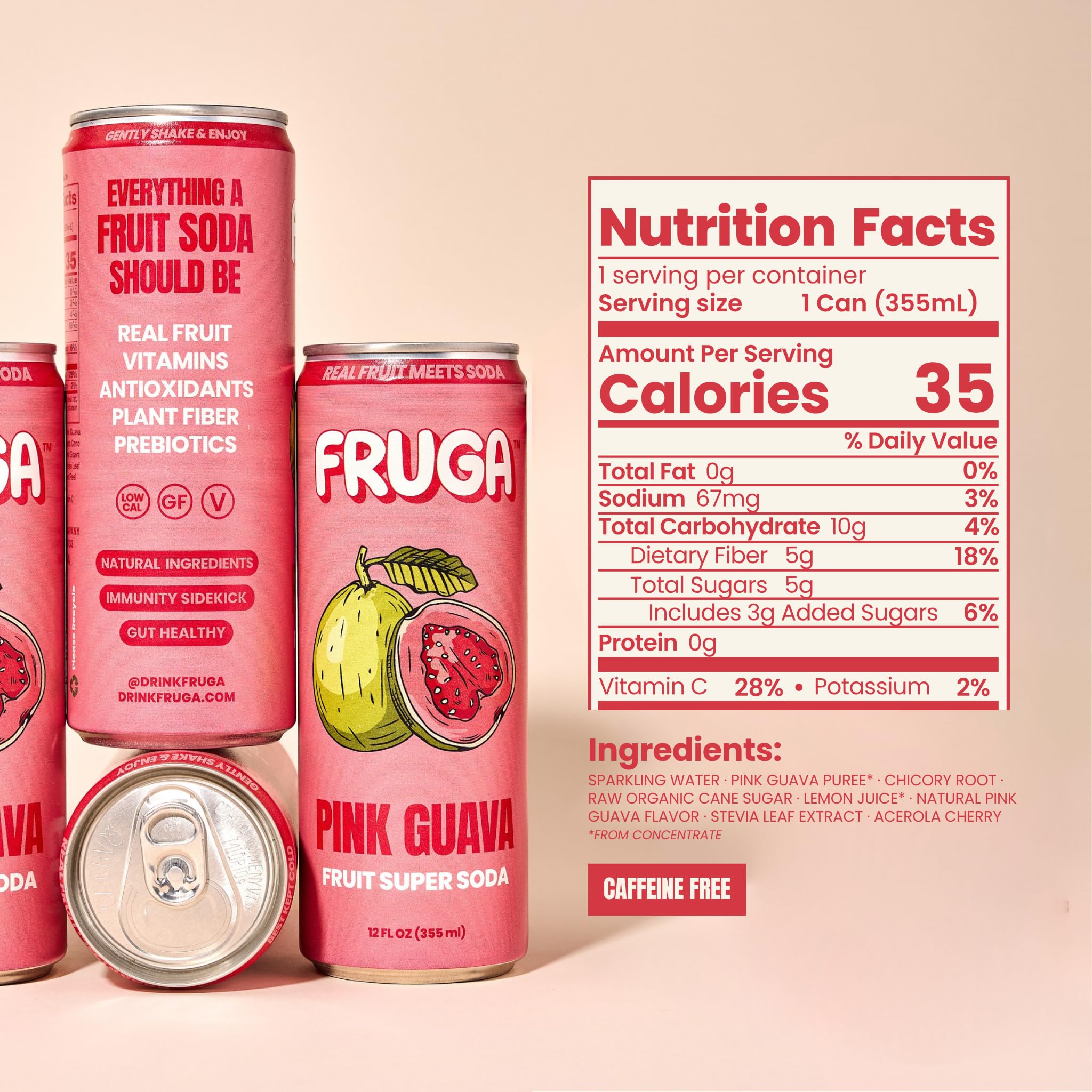 FRUGA Four Real Mix Fruit Soda Pack, Prebiotic Soda Pop Drinks, 12 Pack