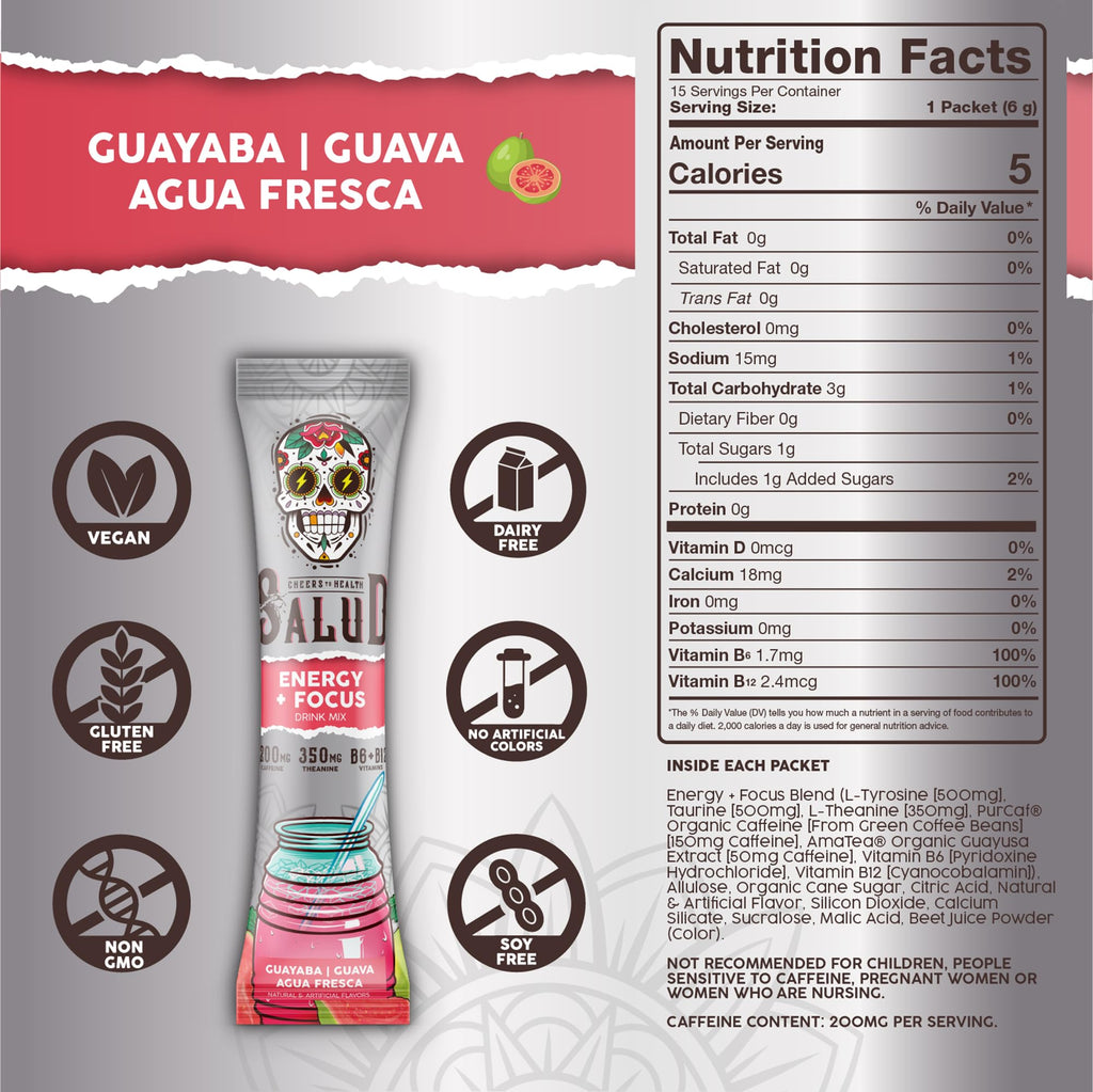 Salud x Jarritos 2-in-1 Energy Drink Powder + Focus, Lime, Organic Caffeine, B6 + B12, Theanine, Clean Energy Drink Packets, Limon Agua Fresca Mix, Non-GMO, Gluten Free, 1g of Sugar, (15 Servings)