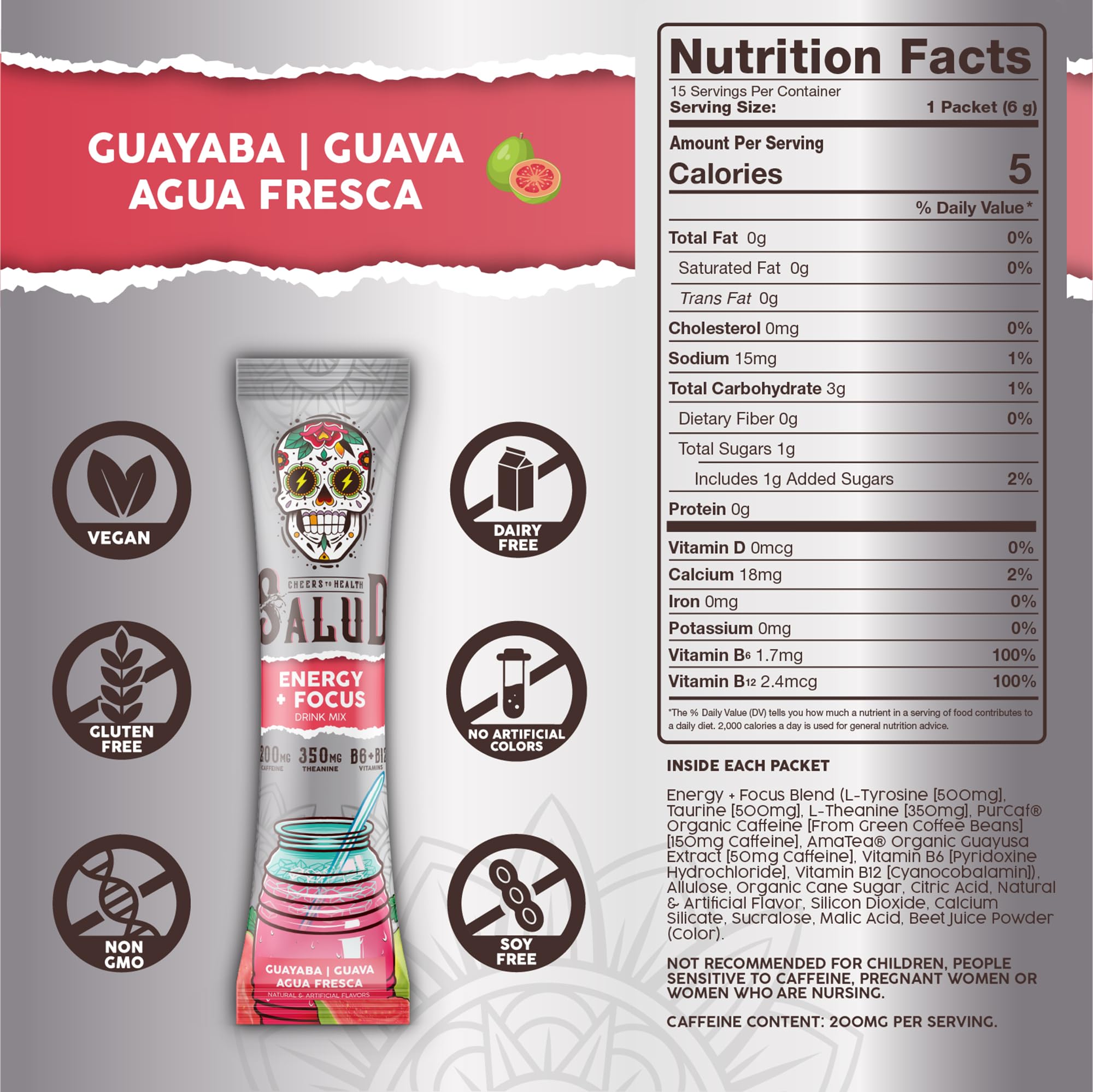 Salud x Jarritos 2-in-1 Energy Drink Powder + Focus, Lime, Organic Caffeine, B6 + B12, Theanine, Clean Energy Drink Packets, Limon Agua Fresca Mix, Non-GMO, Gluten Free, 1g of Sugar, (15 Servings)
