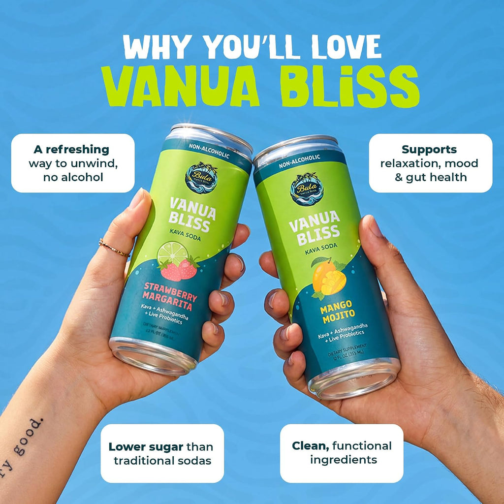 Bula Kava Drink Sparkling Relaxation Variety Pack – Non-Alcoholic Seltzer Mango Mojito & Strawberry Margarita 4x12oz – Probiotic Refreshing Kava Soda with Ashwagandha – Vegan, Non-GMO, Low Sugar
