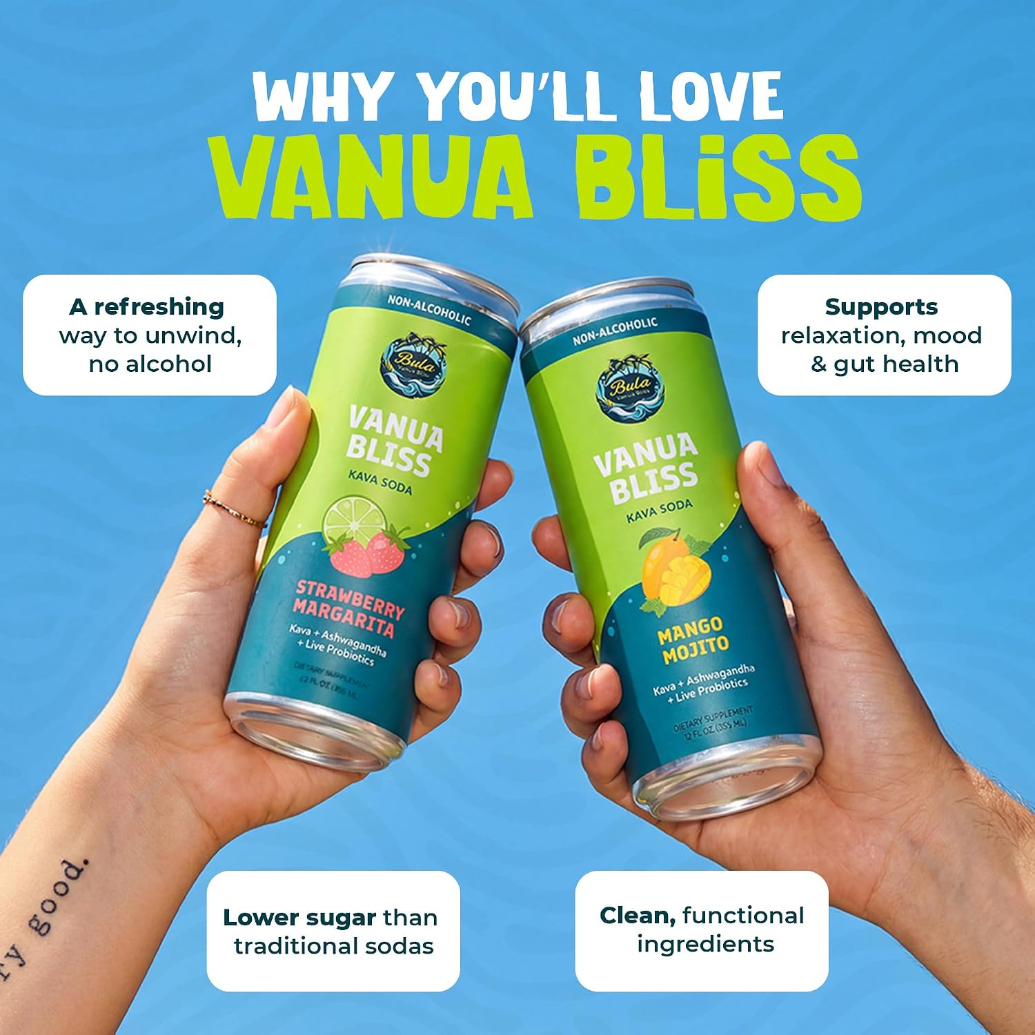 Bula Kava Drink Sparkling Relaxation Variety Pack – Non-Alcoholic Seltzer Mango Mojito & Strawberry Margarita 4x12oz – Probiotic Refreshing Kava Soda with Ashwagandha – Vegan, Non-GMO, Low Sugar