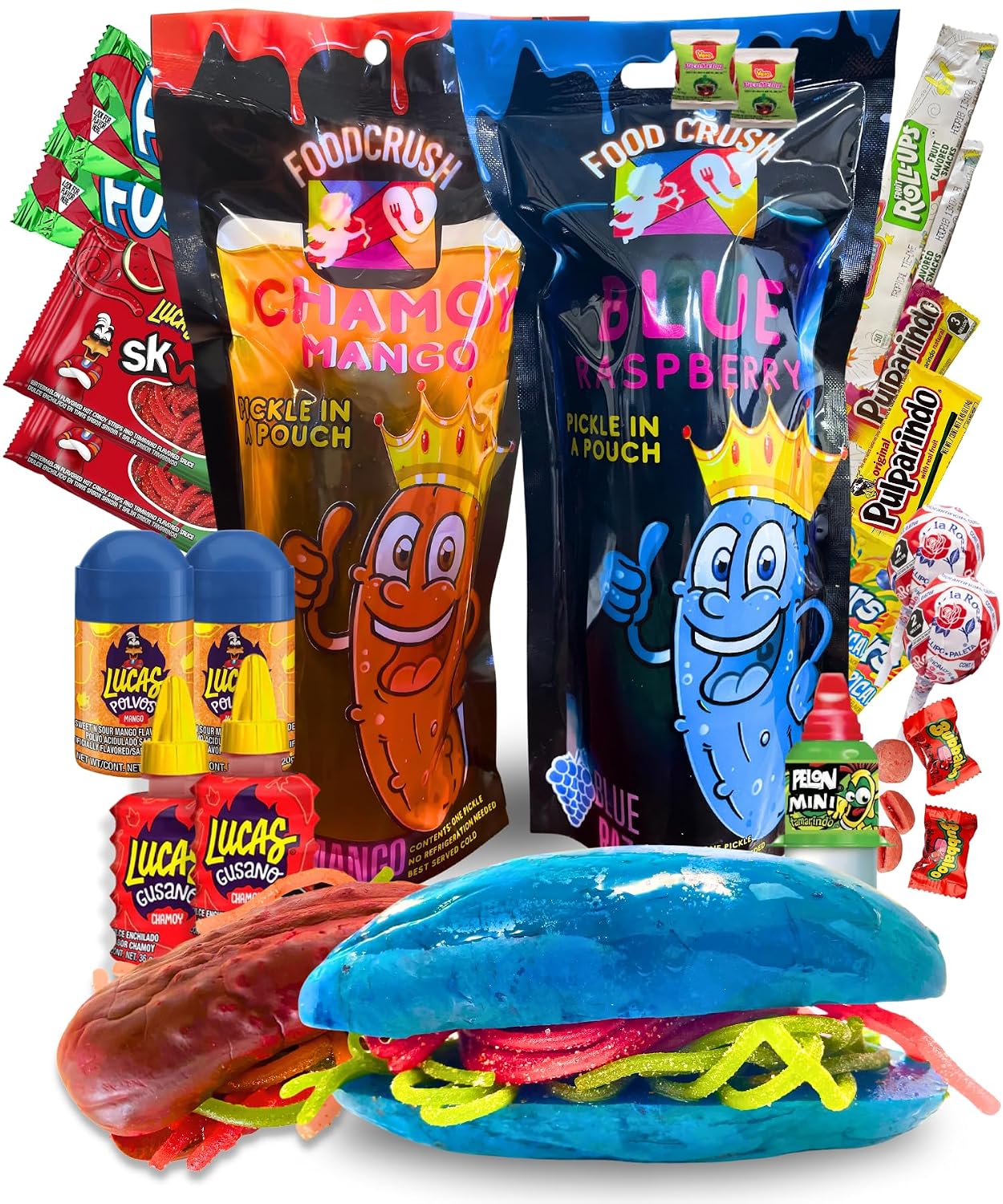 Chamoy Pickle Kit + Blue Raspberry Pickle In A Pouch for 2 People (23 pcs) with Fruit Rollup, Lucas Gusano, Skwinkles, and other Mexican Candy Snacks. TikTok Trend Items by Food Crush