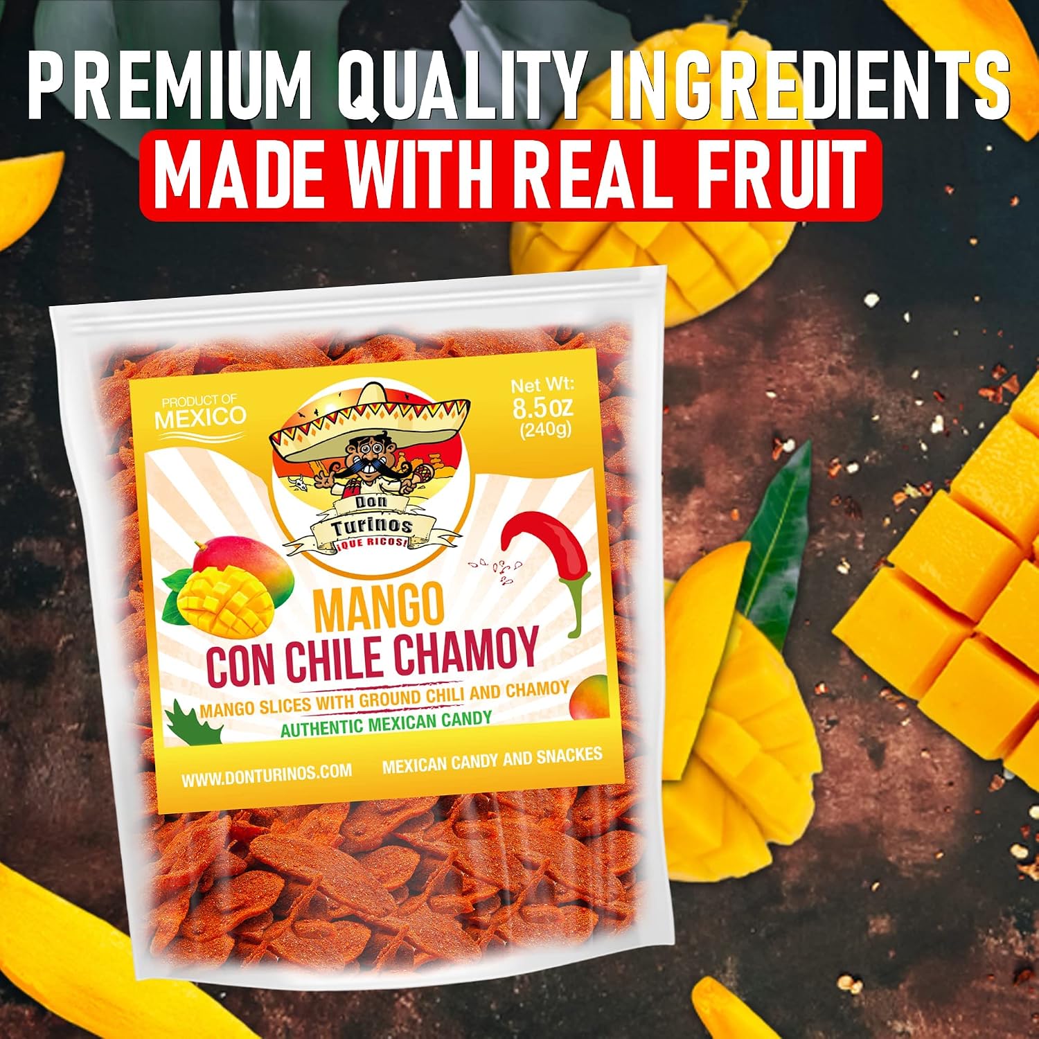 Chili Chamoy Mango Slices, 8.5 oz. Bag of Authentic Mexican Dry Fruit Candy, Sweet and Spicy Flavor, Fresh and Natural Dulce Mexicano, by Don Turinos