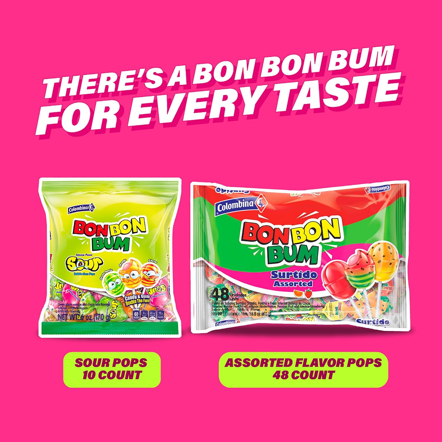 Colombina Bon Bon Bum Intense Sour Lollipops, Assorted Sour Fruit Flavors with Bubble Gum Center, Individually Wrapped, 6 oz (Pack of 1)