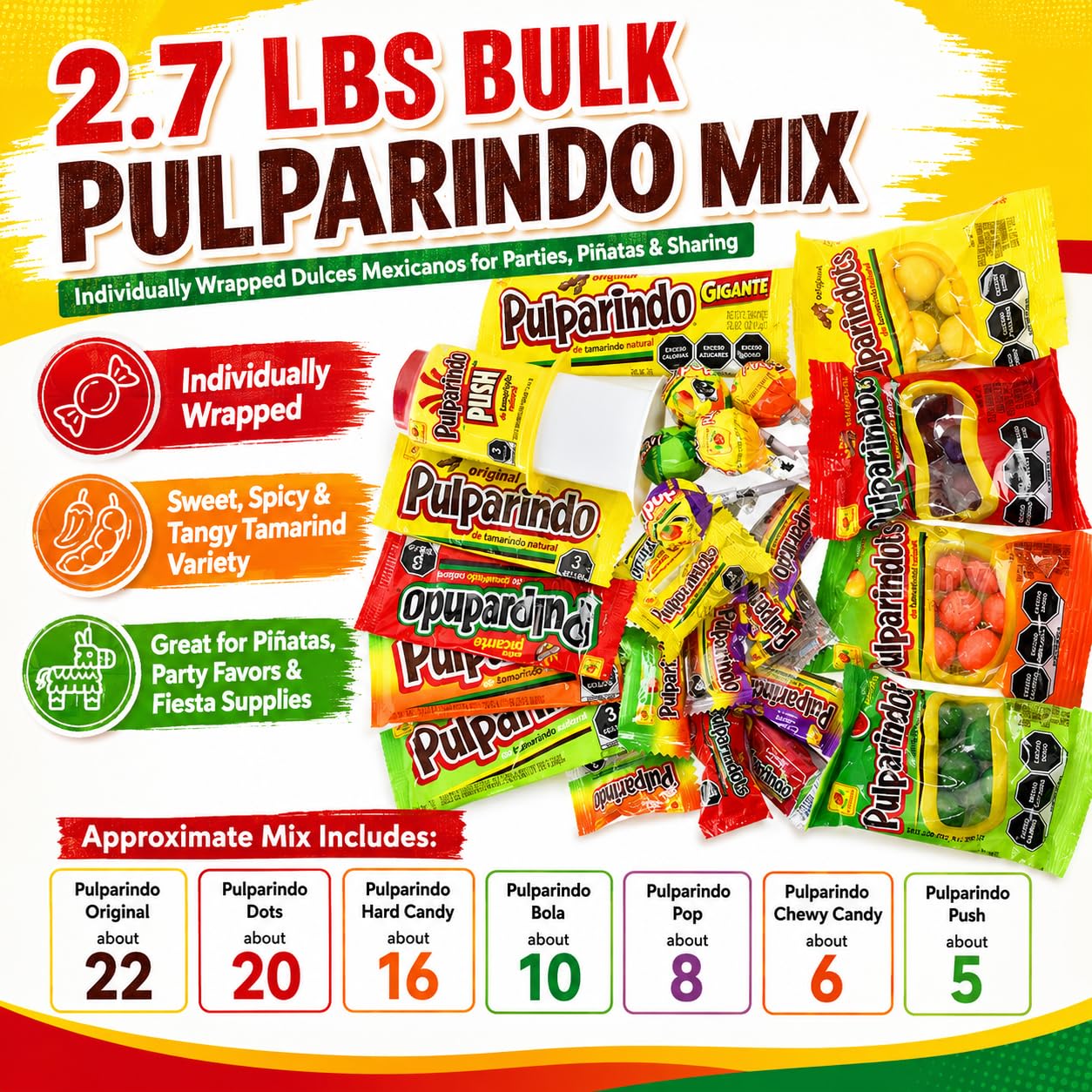 Pulparindo Mexican Candy Bulk, Dulces Mexicanos, Tamarind Candy, Pulparindo Variety Pack, Assorted Mix, Pinata Bulk, Mexican Snacks, Fiesta, 2.7 lbs