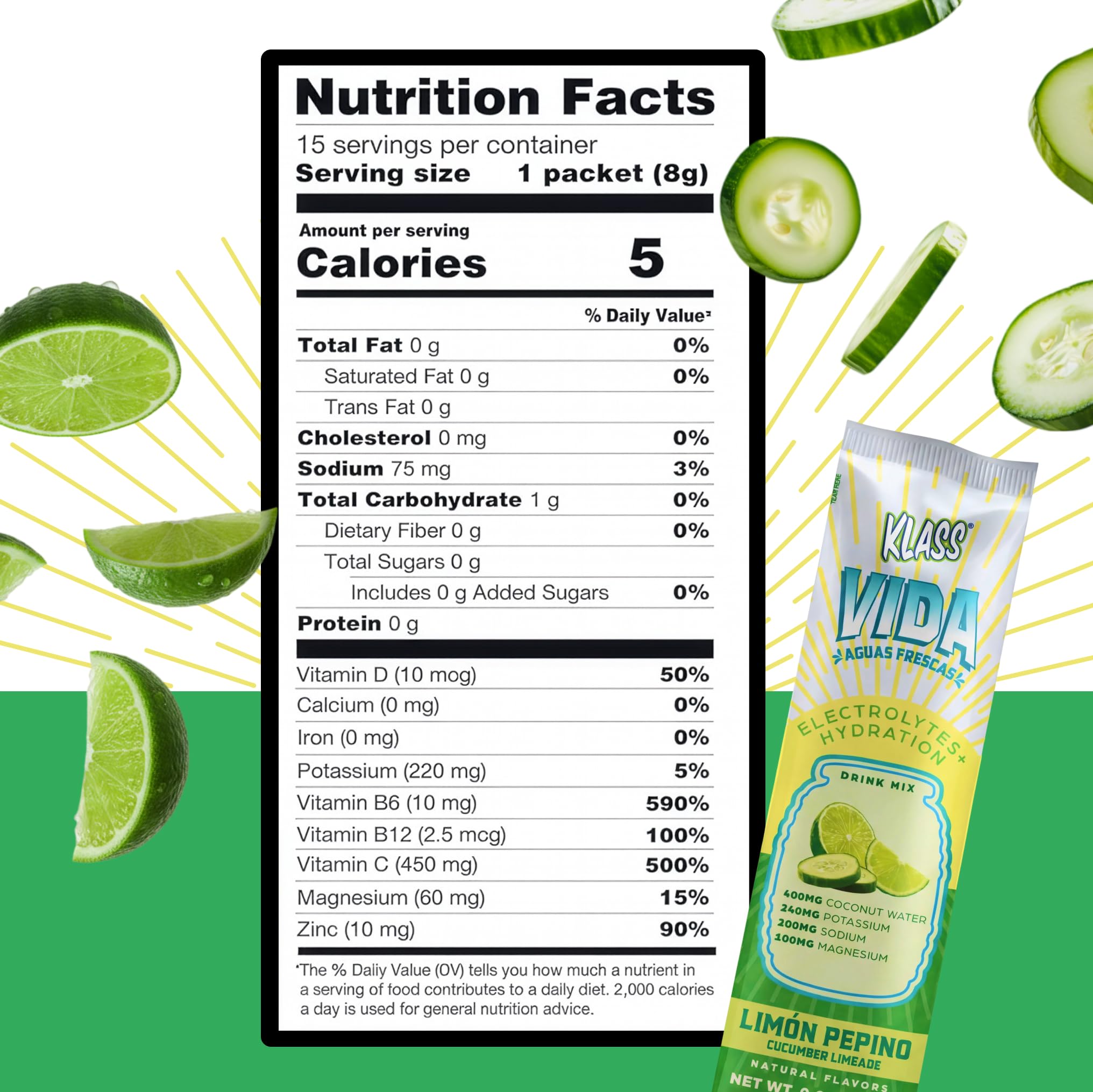 KLASS VIDA Daily Hydration Pineapple Agua Fresca Electrolyte Powder Packets | Sugar Free Electrolyte Drink Mix | Hydration Packets with Coconut Water & Minerals | 15 Stick Packs