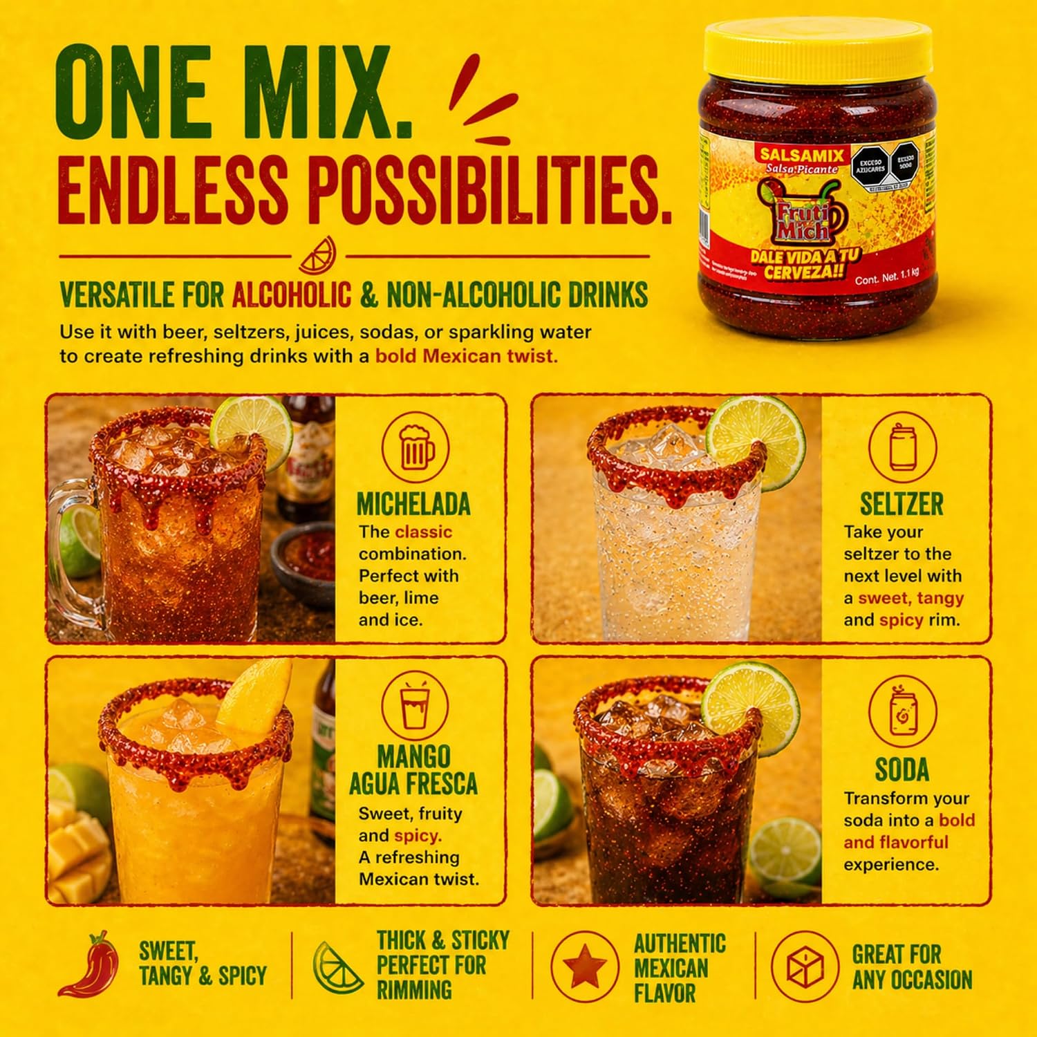 Frutimich Salsamix Chimoy Mega Chamoy Para Micheladas, Non Alcoholic Michelada Mix Chamoy Para Micheladas, Spicy Chili Lime Chamoy Jar for Micheladas, 38 oz
