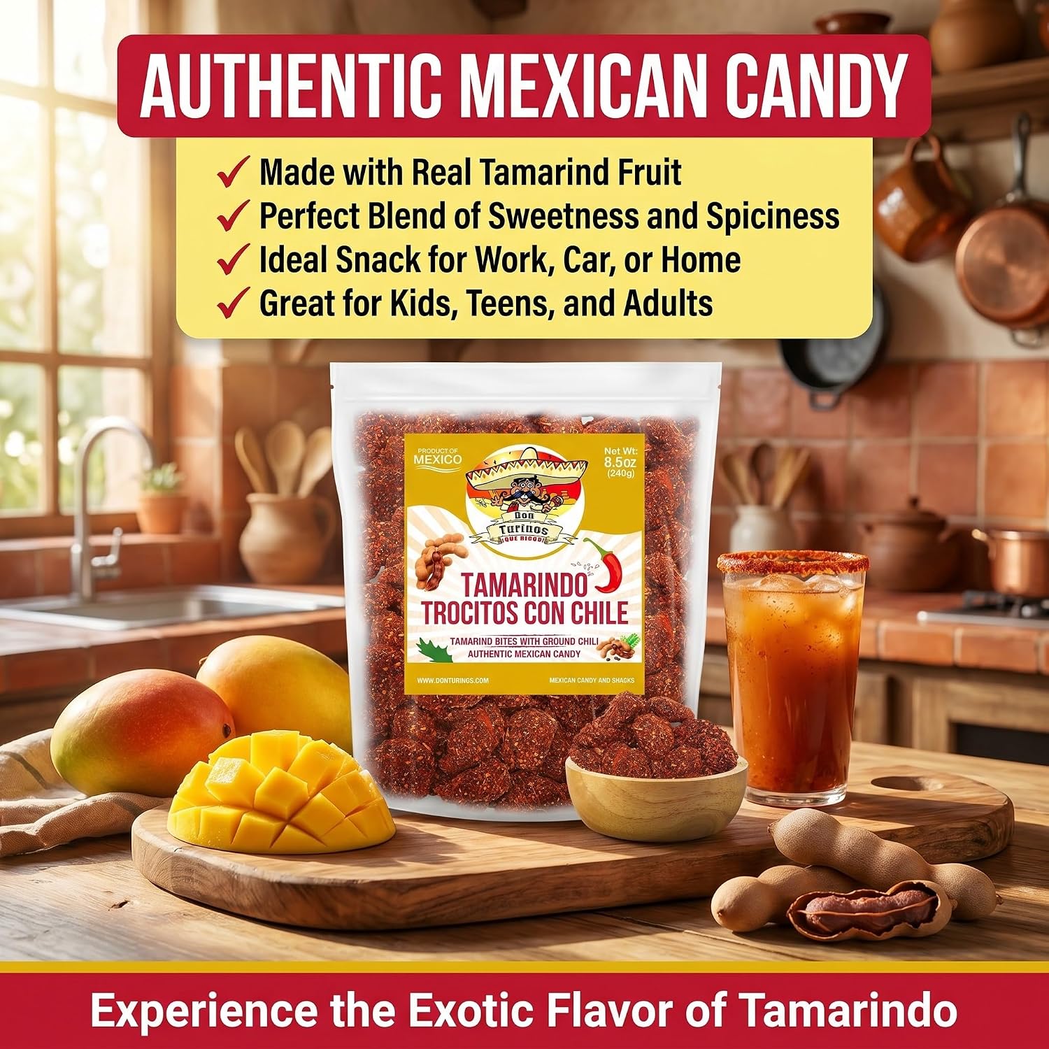Tamarindo De Frutas Con Chile, Authentic Mexican Tamarind Candy with Chili, Sweet, Tangy and Spicy. Dulce De Tamarindo 8.5 oz. Contains Seed. Bag by Don Turinos