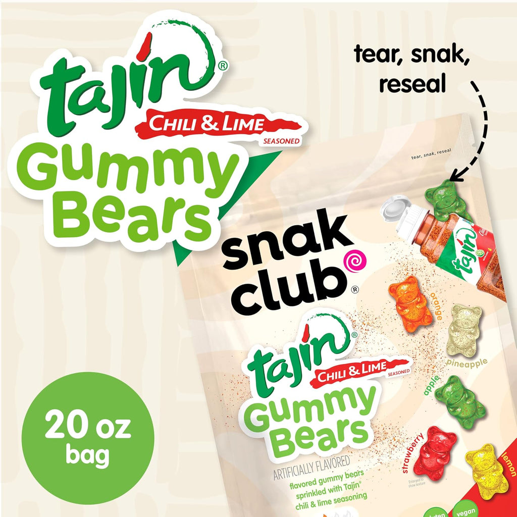 Snak Club Tajin Gummy Bears, Assorted Fruit Candy Gummies with Chili and Lime Seasoning, Mild, Gluten-Free and Vegan Snacks, 9 oz Resealable Bag