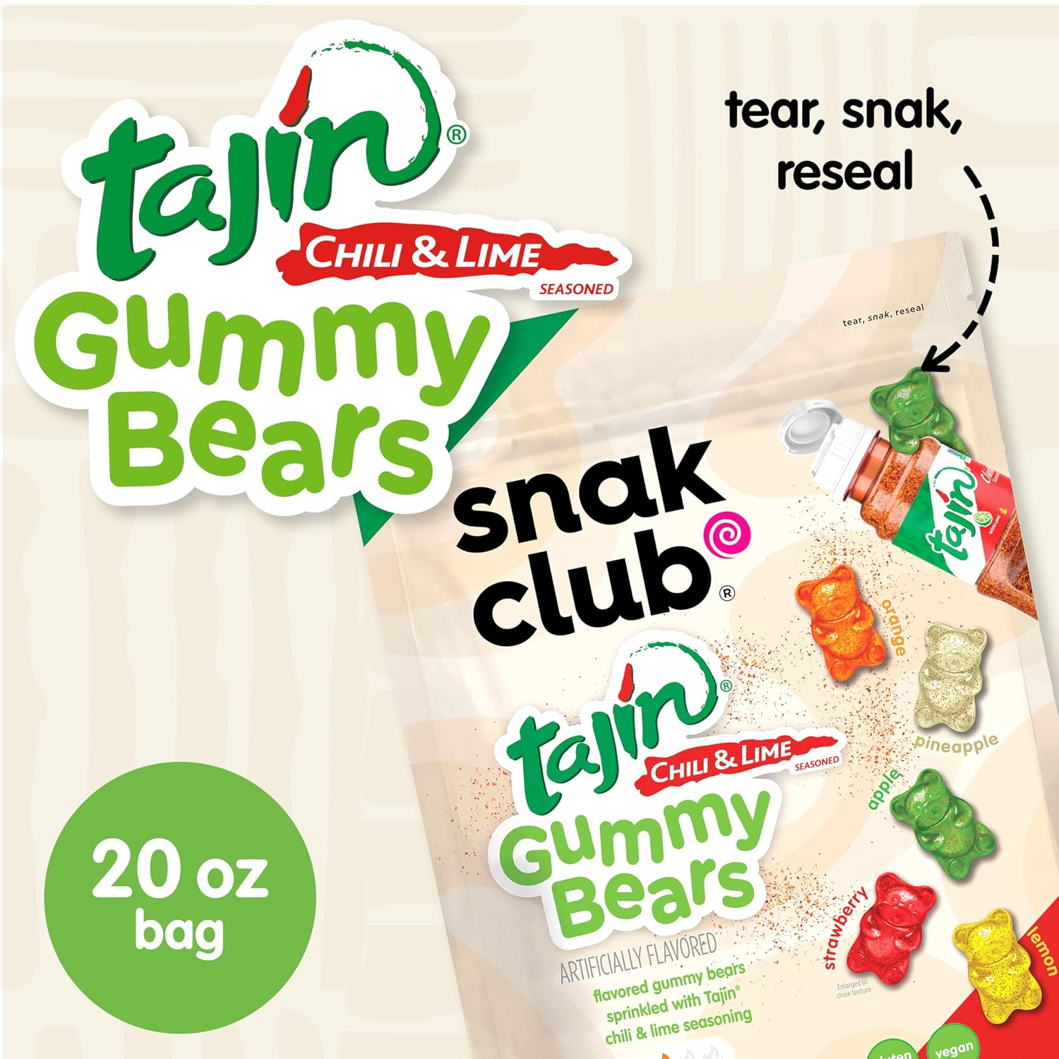 Snak Club Tajin Gummy Bears, Assorted Fruit Candy Gummies with Chili and Lime Seasoning, Mild, Gluten-Free and Vegan Snacks, 9 oz Resealable Bag