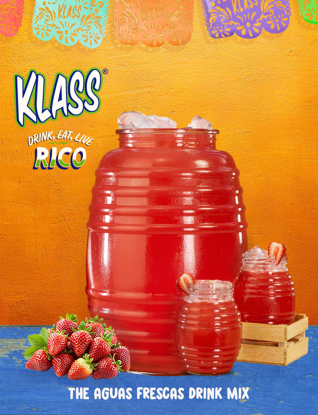 Klass Aguas Frescas Drink Mix Tropical Variety Pack - Strawberry, Grape, Tropical Punch & Orange - Powder Drink Mix, Water Drink Mix with Natural Flavors & Vitamin C, Makes 28 to 36 Quarts (56 to 72 Drinks)