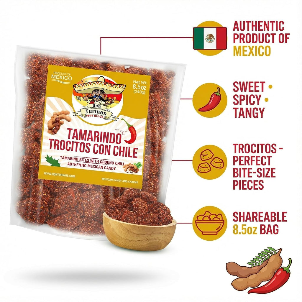 Tamarindo De Frutas Con Chile, Authentic Mexican Tamarind Candy with Chili, Sweet, Tangy and Spicy. Dulce De Tamarindo 8.5 oz. Contains Seed. Bag by Don Turinos