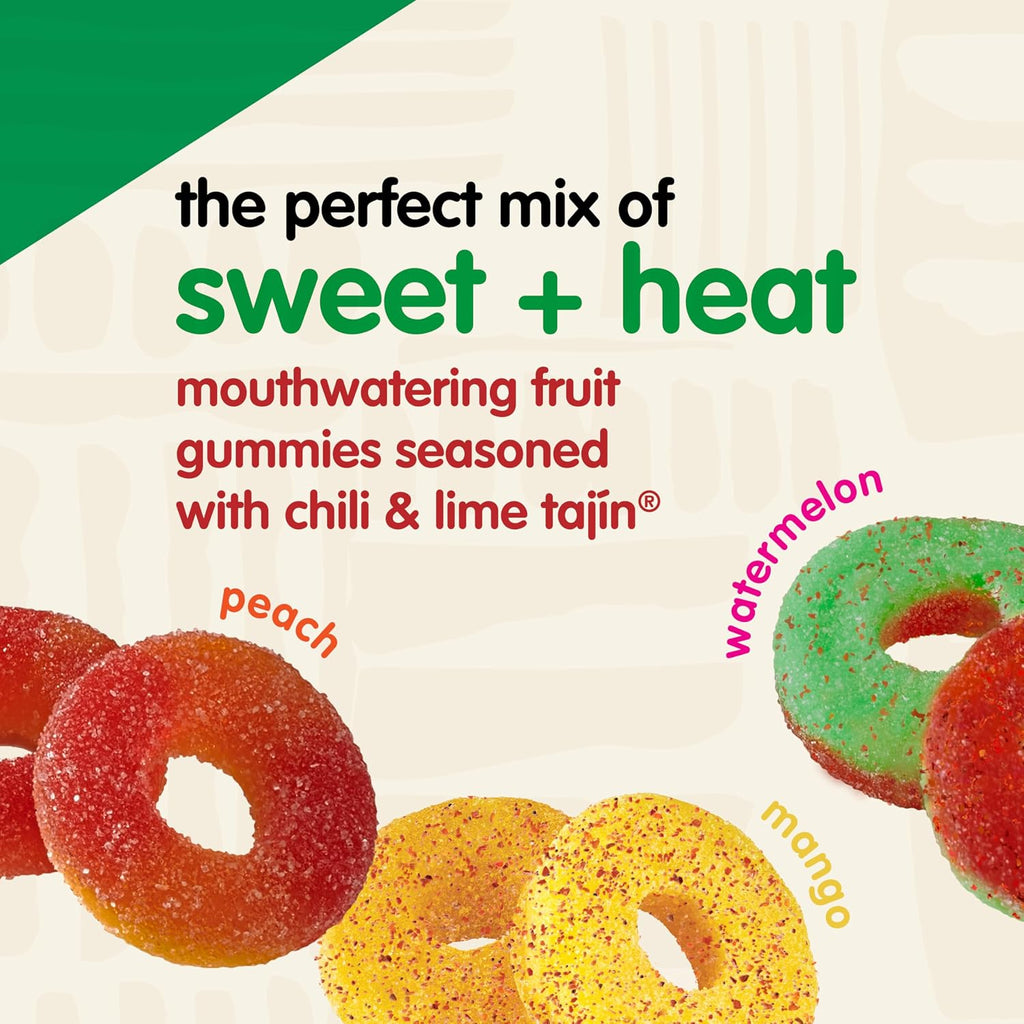 Snak Club Tajin Gummy Candy Fruit Rings, Gummies with Chili and Lime Seasoning, Mild Spice, Gluten-Free and Vegan Snacks, Assorted Bulk Candy Variety, Mango, Pineapple, Peach, Watermelon, 40 oz Bag