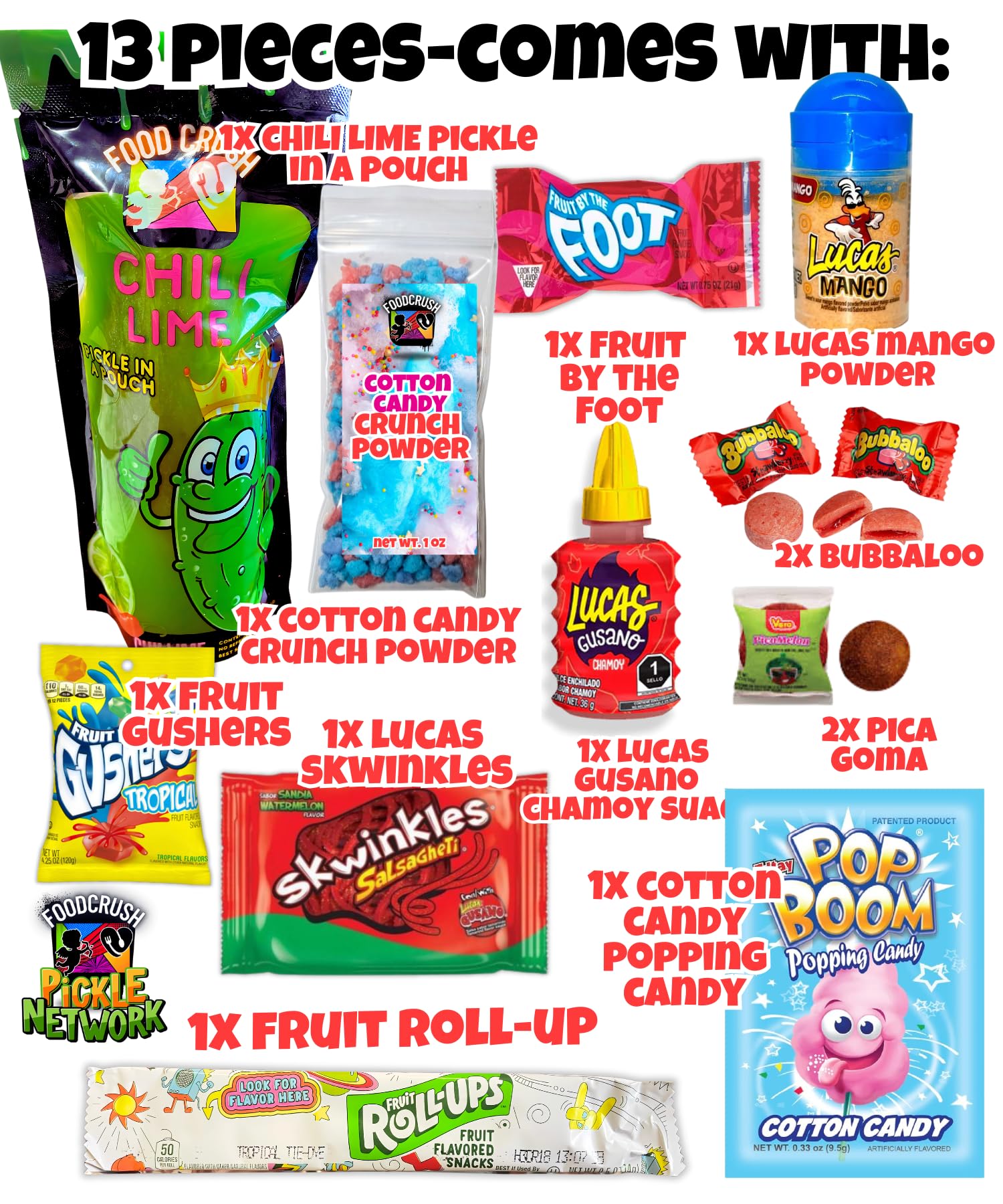 Blue Raspberry Pickle Kit With Takis-Mexican Candy Gift Box From Tiktok Fruit Rollup, Lucas Gusano Chamoy, Lucas Swinkles Salsagheti, Gushers, Mango Candy Powder-Tiktok Trend Item by Food Crush