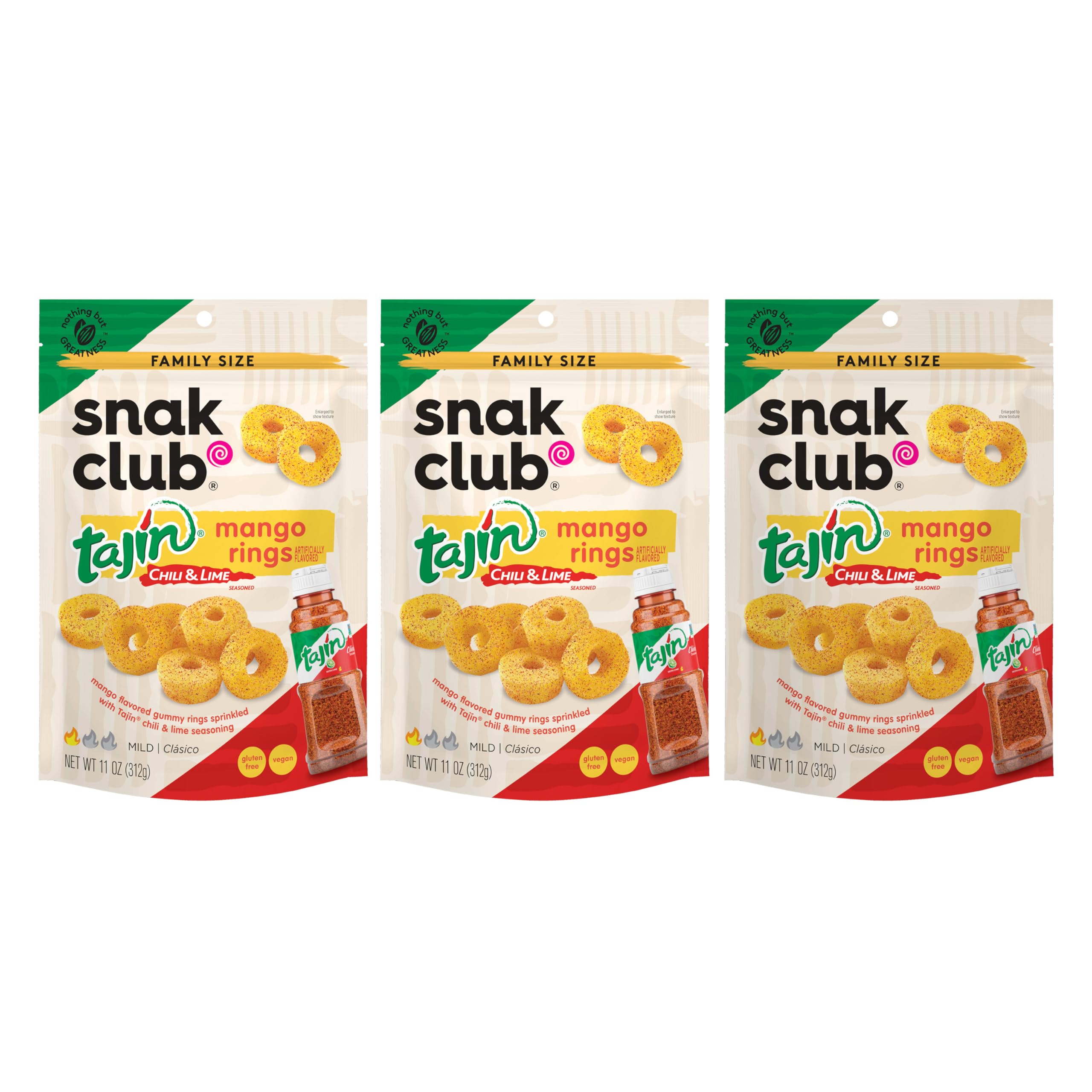 Snak Club Tajin Pineapple Rings Gummy Candy, Fruit Candy Gummies with Chili and Lime Seasoning, Mild, Gluten-Free and Vegan Snacks, 11 oz Resealable Bag