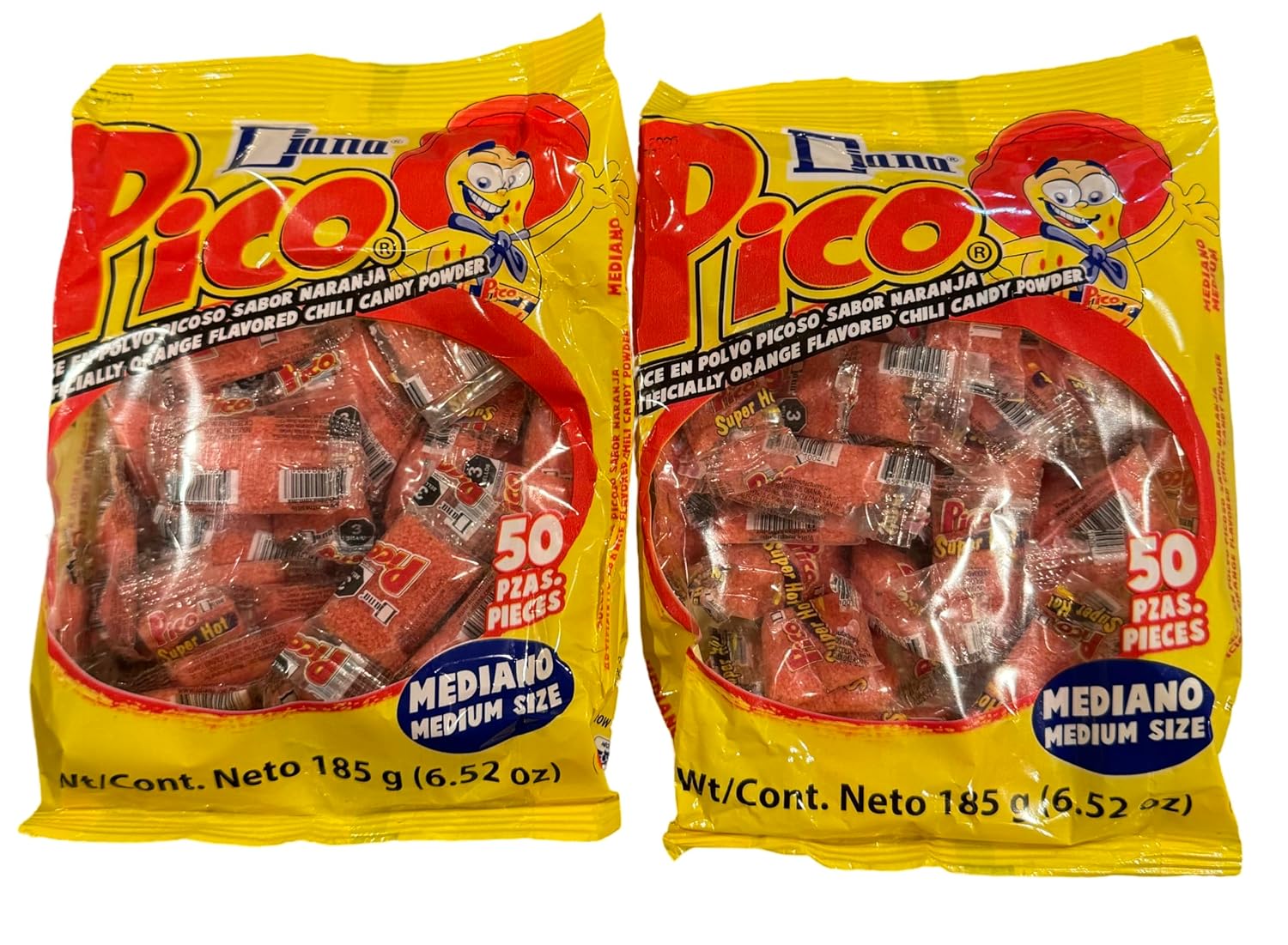 Pico Diana Mediano, Mexican Candy Sour - The Original Orange Flavor Hot Candy Powder - Spicy Sweet Sensation 50-Count-Pack of 2