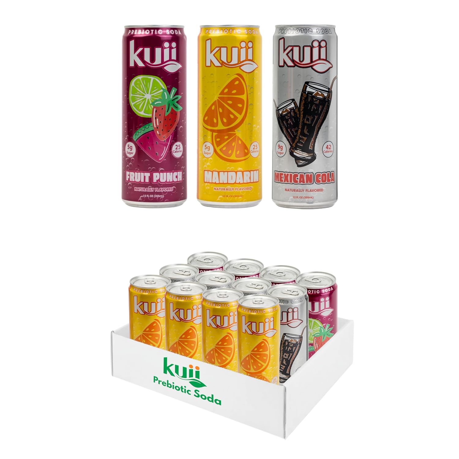 Kuii Prebiotic Soda Variety Pack – 12 Count with Mexican Cola, Mandarin & Fruit Punch Flavors – Sparkling Gut-Friendly Drinks for Refreshing, Guilt-Free Hydration, 12 fl oz Cans