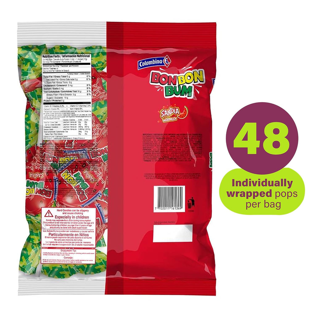 Colombina Bon Bon Bum Passion Fruit Lollipops, Tropical Fruit Hard Candy, Individually Wrapped Candy Pops for Parties, Candy Bowl Refill, Office or Classroom Rewards, 24 Count