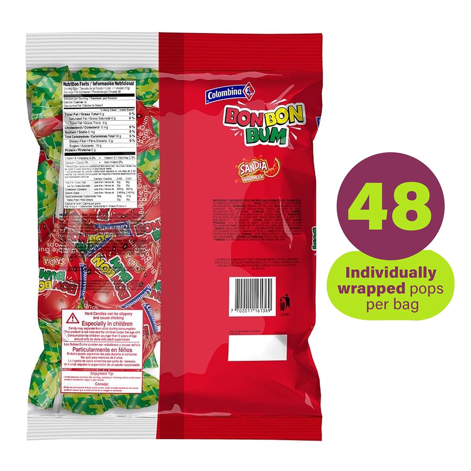 Colombina Bon Bon Bum Passion Fruit Lollipops, Tropical Fruit Hard Candy, Individually Wrapped Candy Pops for Parties, Candy Bowl Refill, Office or Classroom Rewards, 24 Count