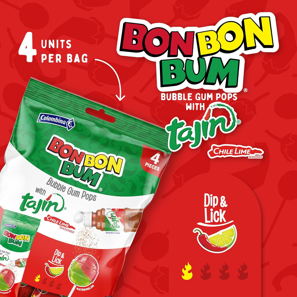 Colombina Bon Bon Bum Tropical Passion Fruit & Watermelon with Tajin Seasoning Chile Lime Dip, 20 Count (Pack of 1)